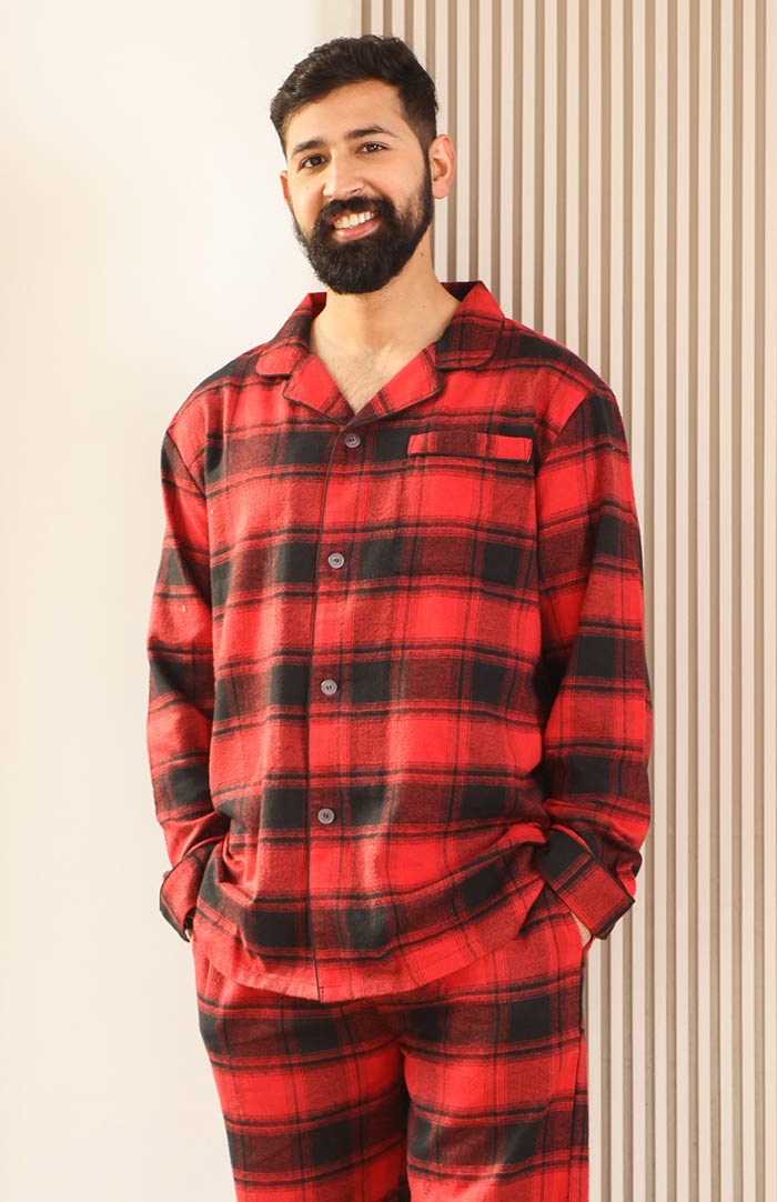 Red Santa Checkered Loungewear Set for Men | Luxeliv