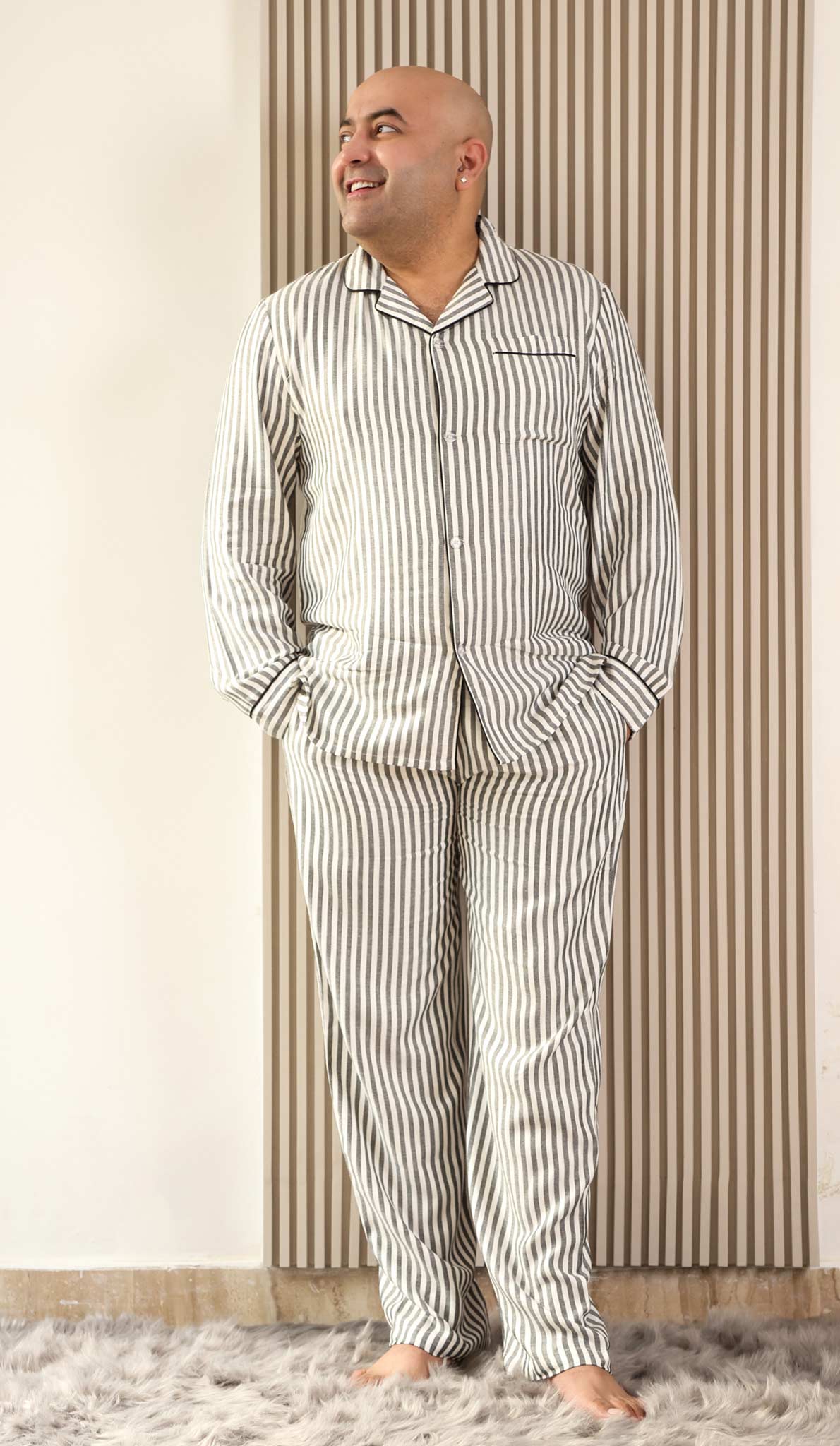 Luxeliv-mens-loungewear-Set-happy-stripes-black-and-white-pyjama-set