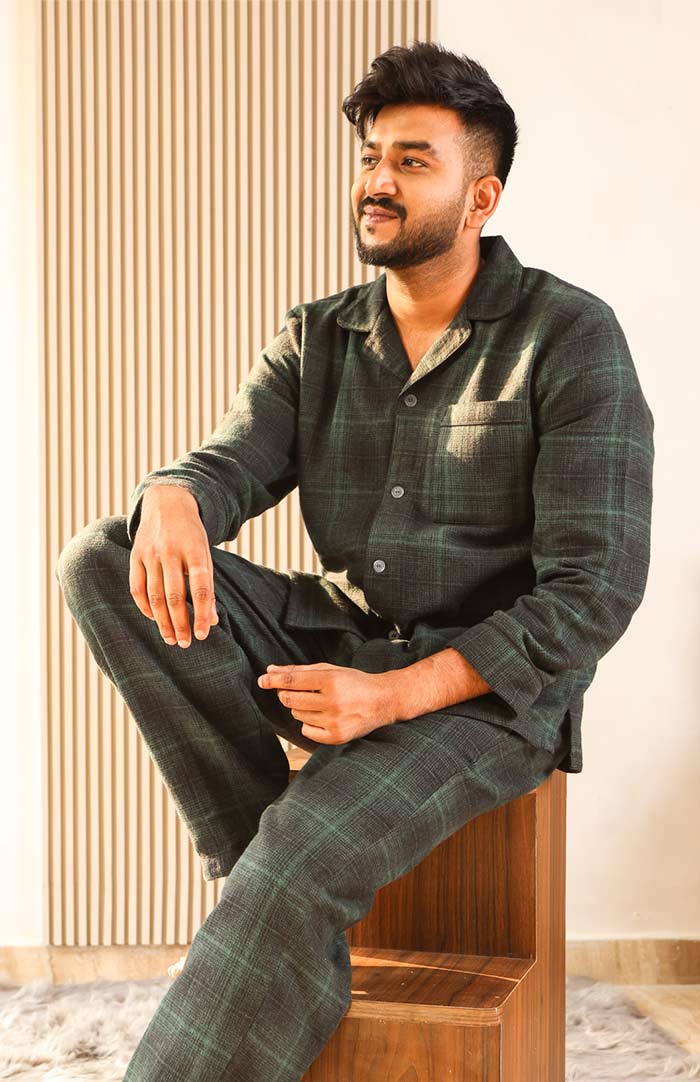 Holy Green Checkered Loungewear Set for Men | Luxeliv