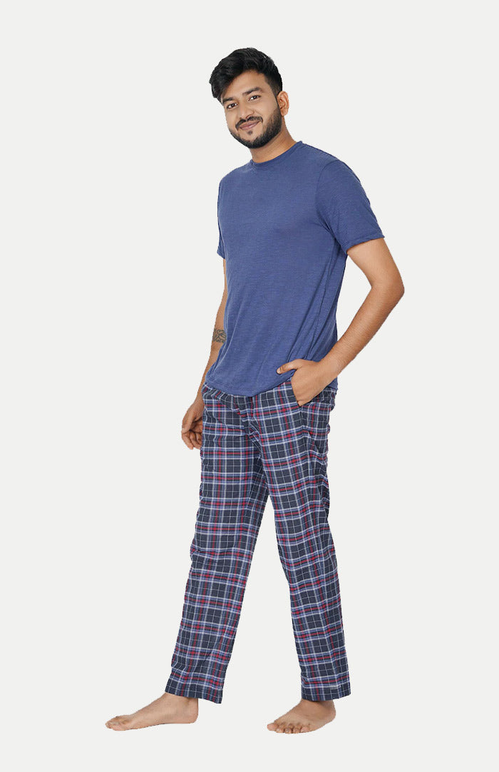 Luxeliv-mens-loungewear-blue-checkered-Checkered-pyjama--tshirt