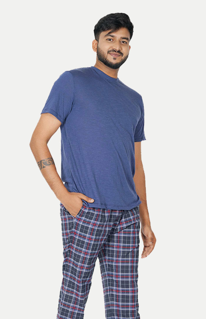 Luxeliv-mens-loungewear-blue-checkered-Checkered-pyjama--tshirt