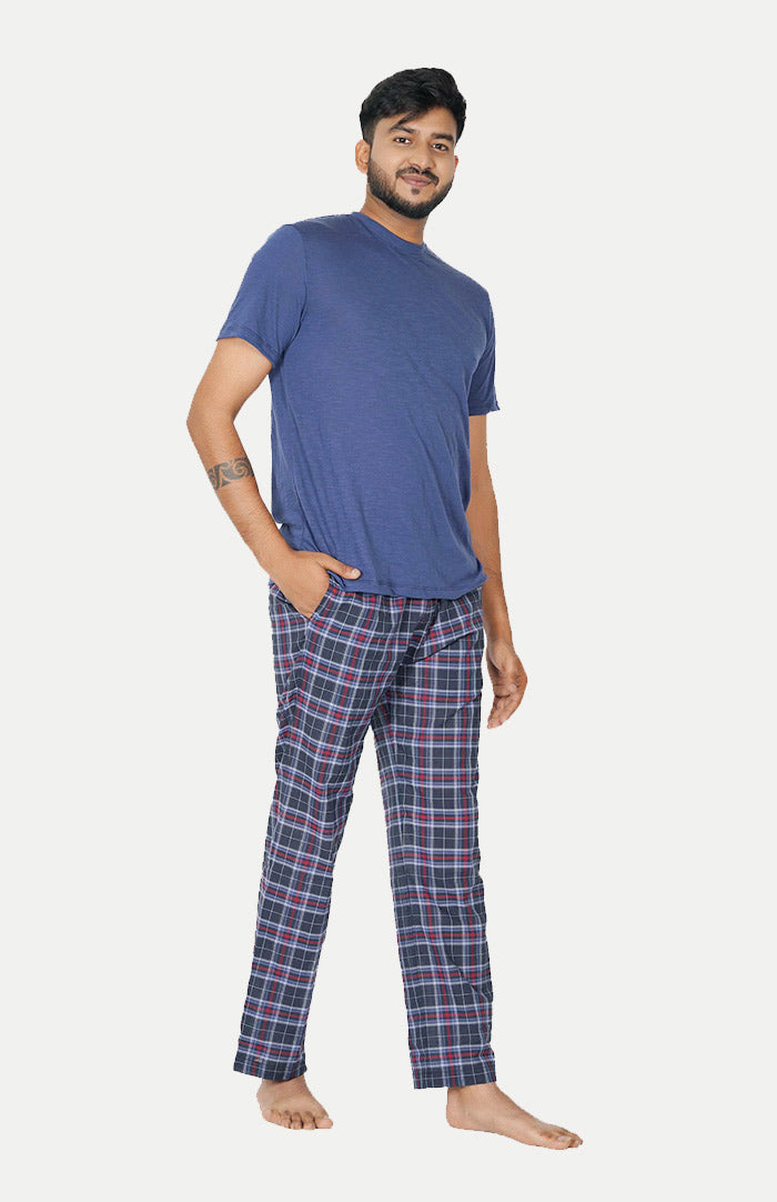 Luxeliv-mens-loungewear-blue-checkered-Checkered-pyjama--tshirt