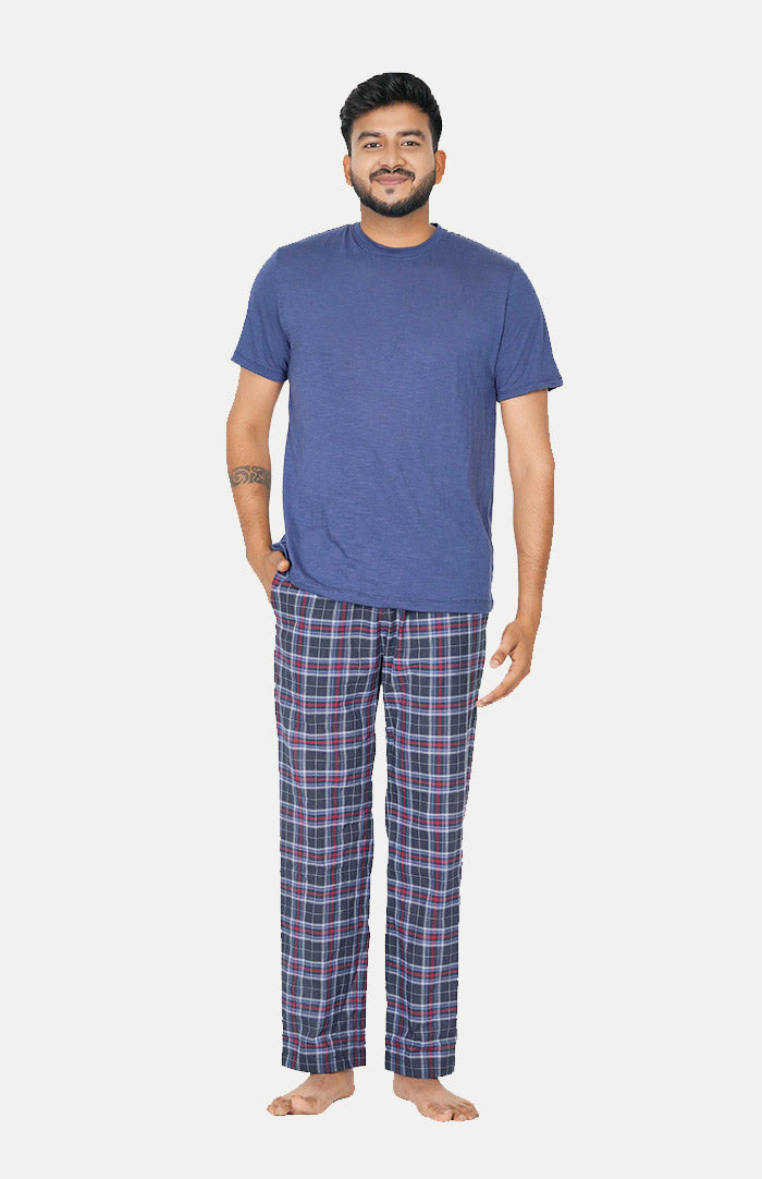 Luxeliv-mens-loungewear-blue-checkered-Checkered-pyjama--tshirt