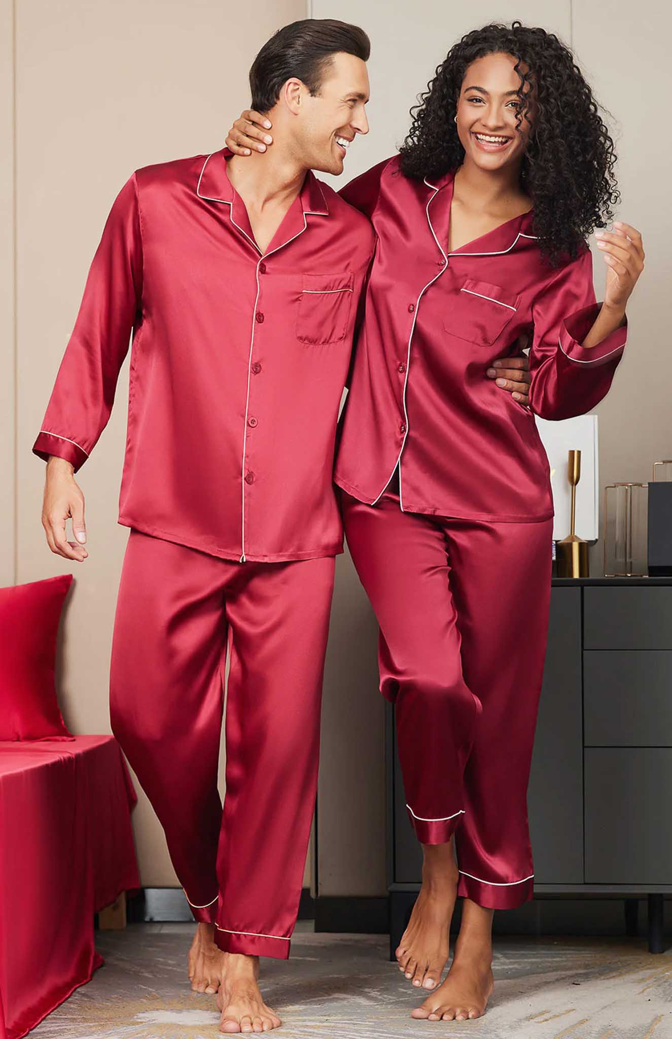 Love Duo Crismson Red Satin Loungewear Set For Couples