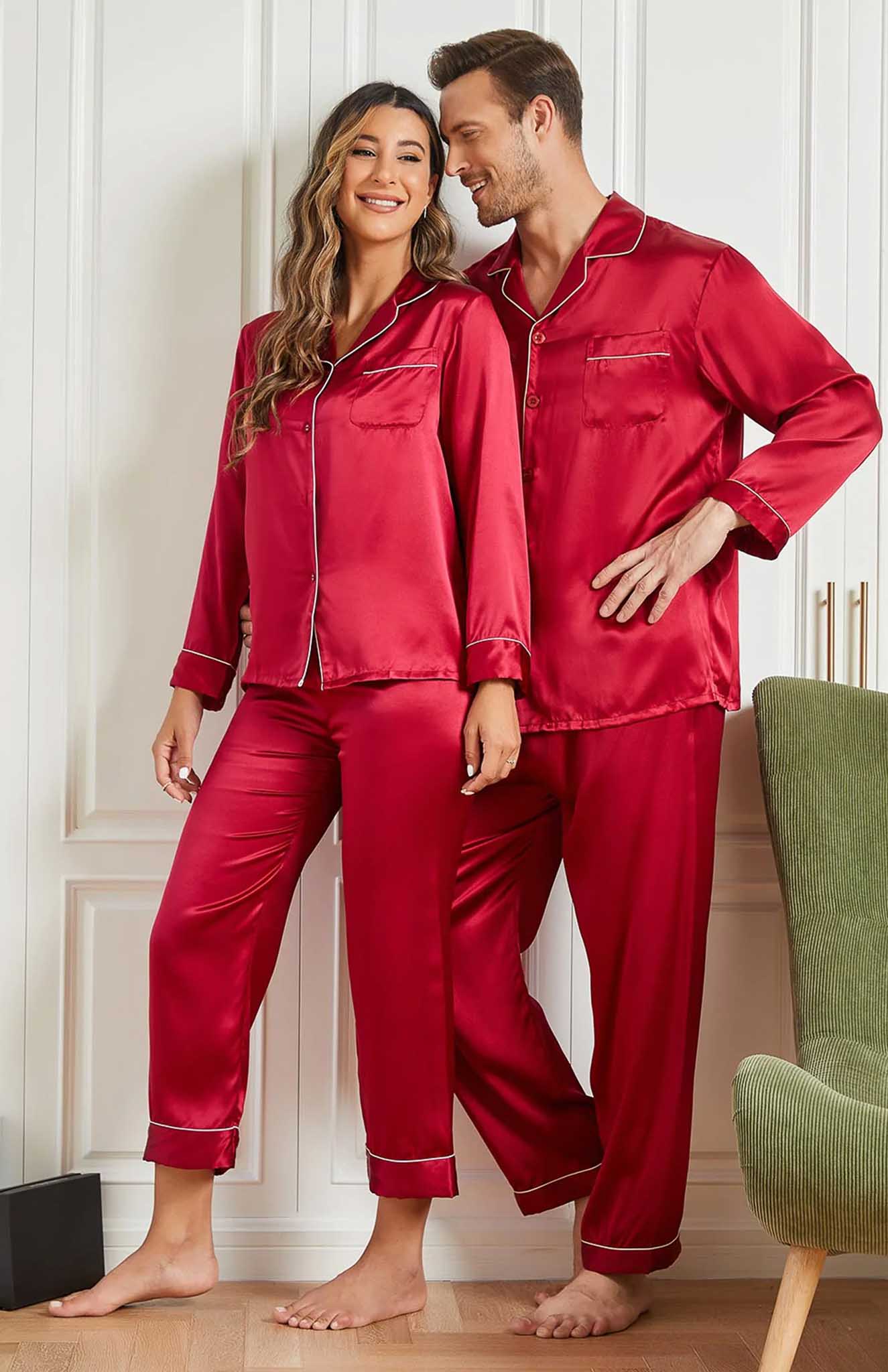Silken Hearts Embrace | Red Satin Loungewear Set For Couples