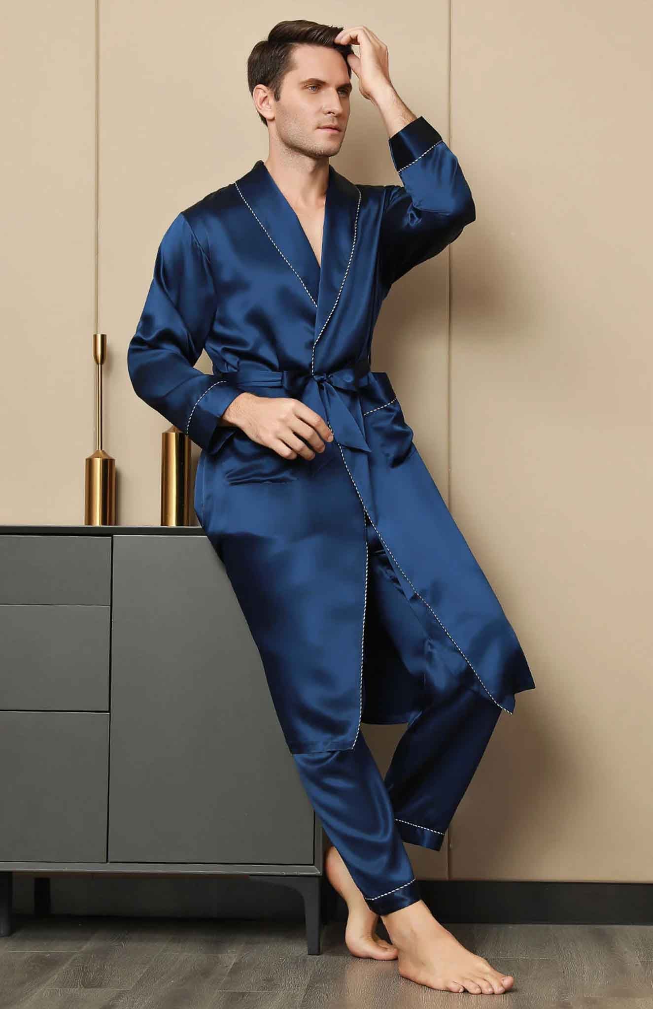 Midnight Blue Satin Robe and Pyjama - Luxurious Loungewear Collection