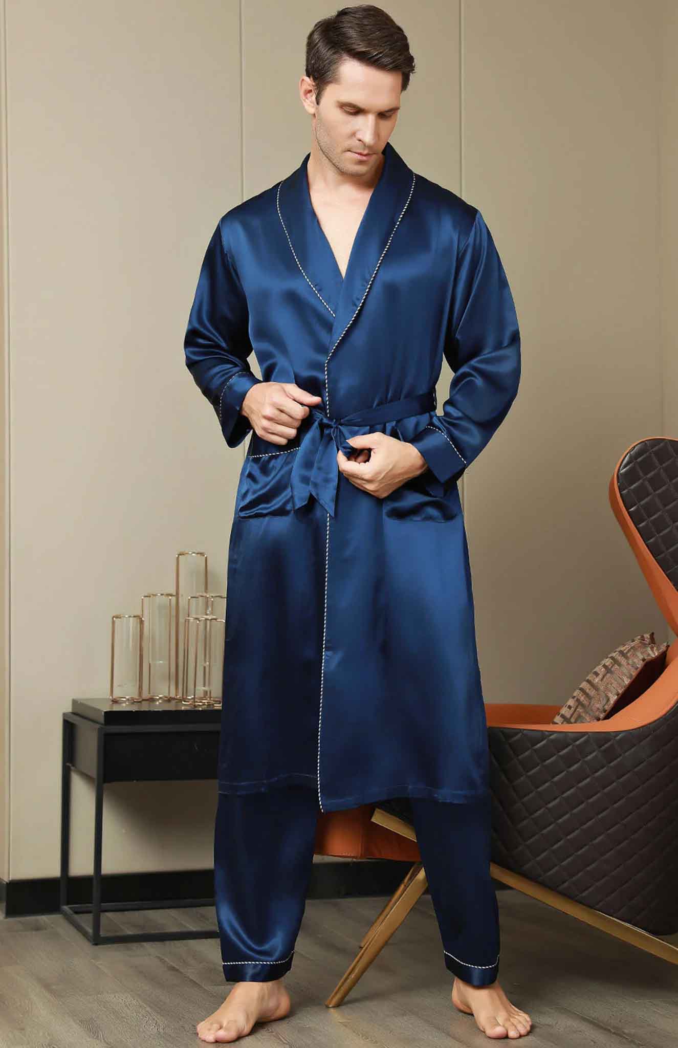 Midnight Blue Satin Robe and Pyjama - Luxurious Loungewear Collection