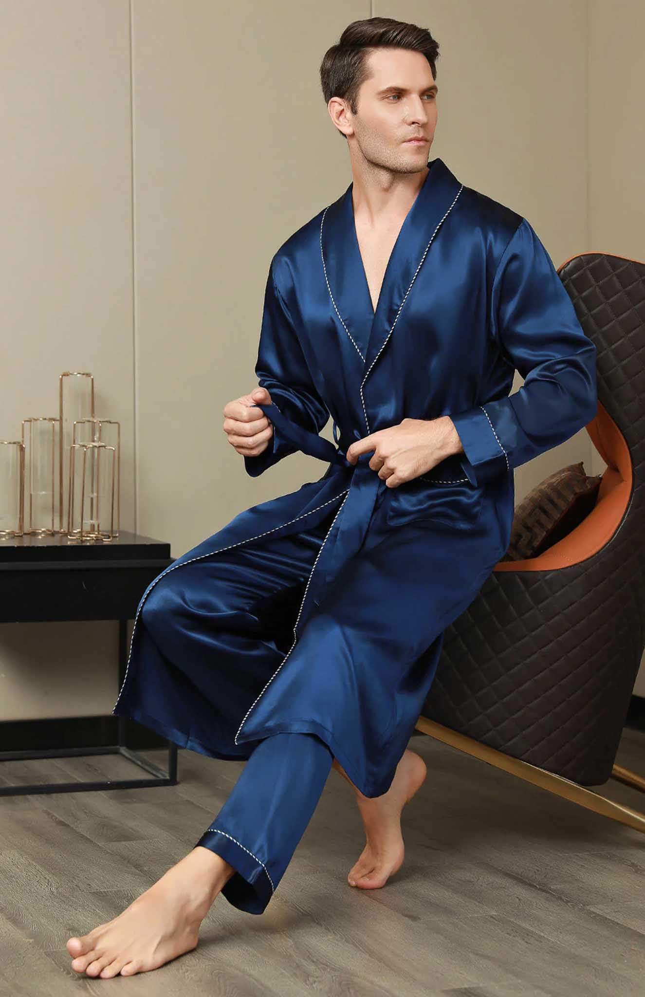 Midnight Blue Satin Robe and Pyjama - Luxurious Loungewear Collection