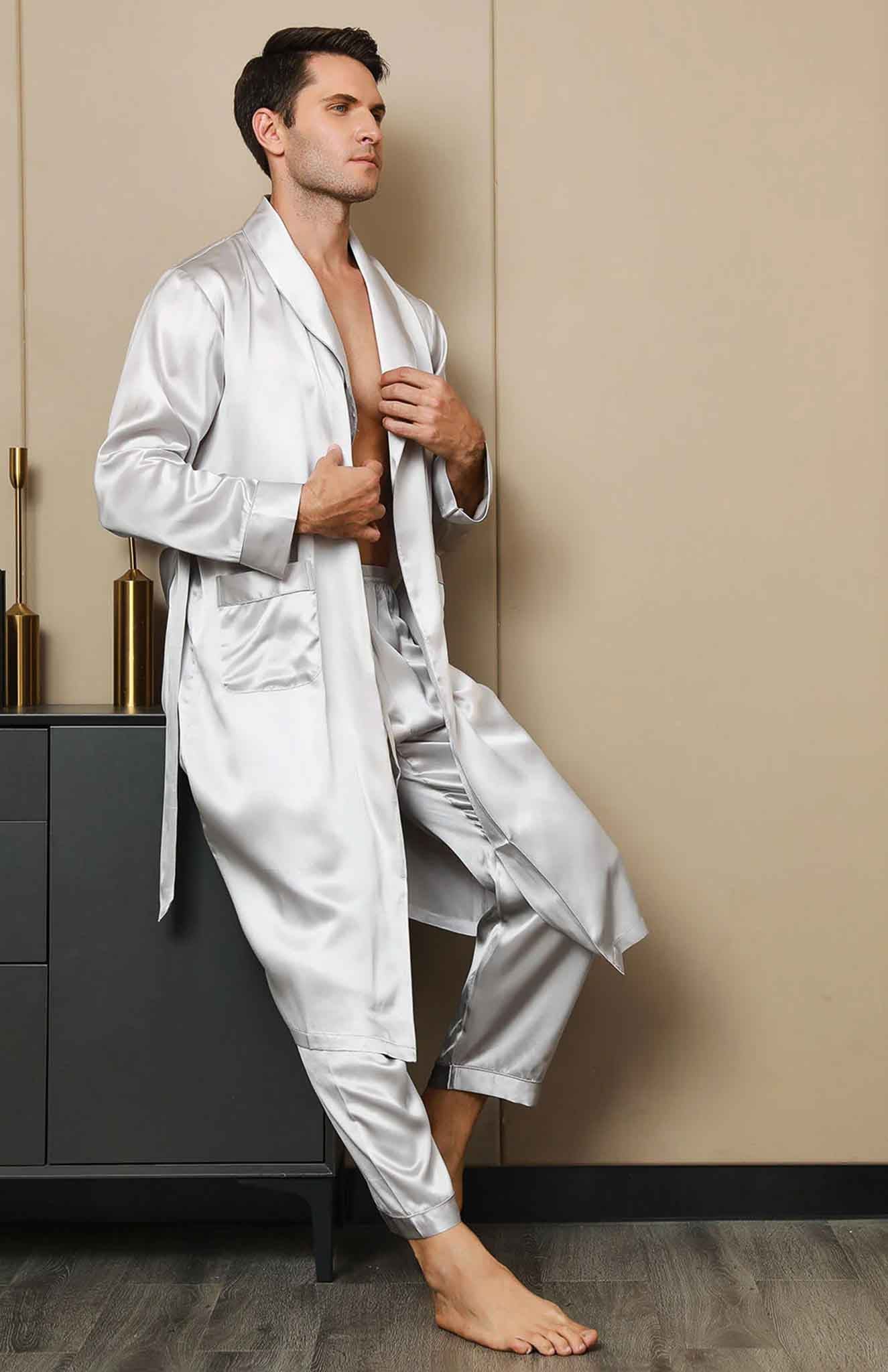Pristine White Satin Robe and Pyjama - Luxurious Loungewear Collection