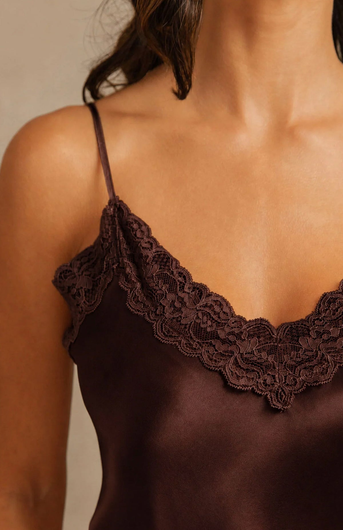 Espresso Romance Diva | Lace-Trimmed Satin Cami & Shorts Sleep Set