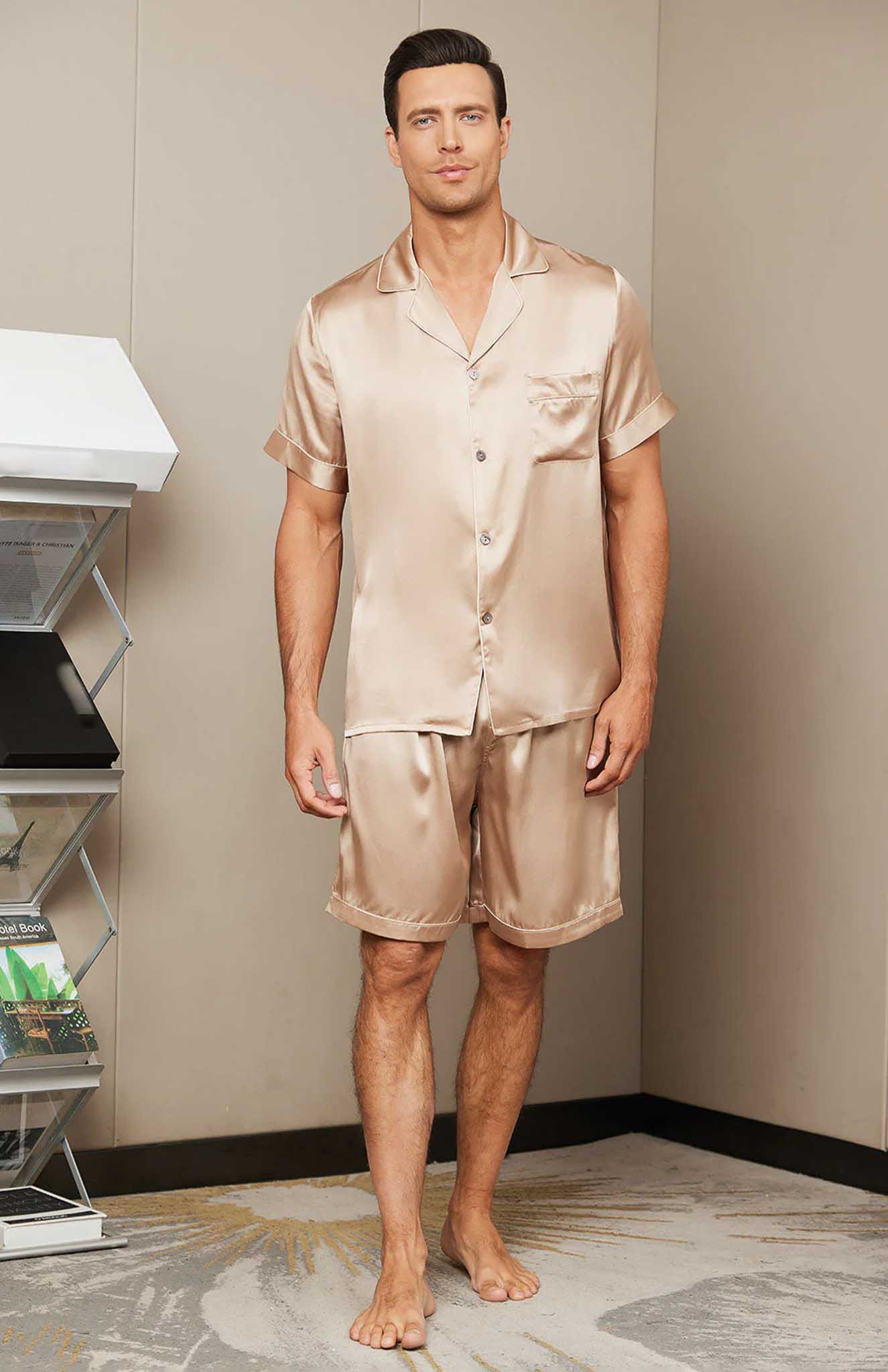 Champagne Gold Satin Loungewear Set with Shorts for Men | Luxeliv