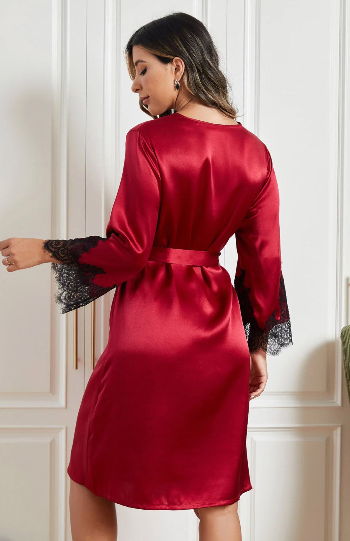 Crimson Desire Opulence | Silk-Touch Contrast Black Lace Short Satin Robe