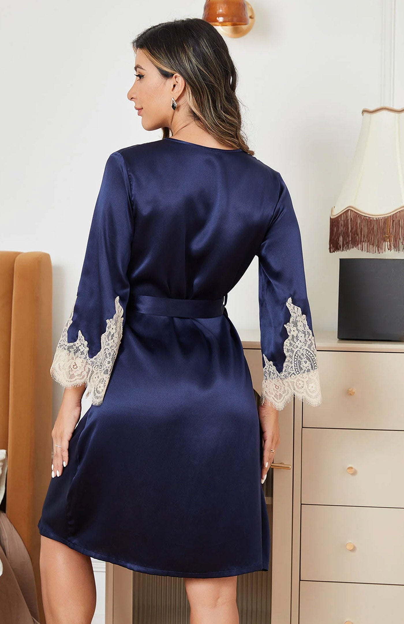 Midnight Navy Opulence | Silk-Touch Contrast Ivory Lace Short Satin Robe