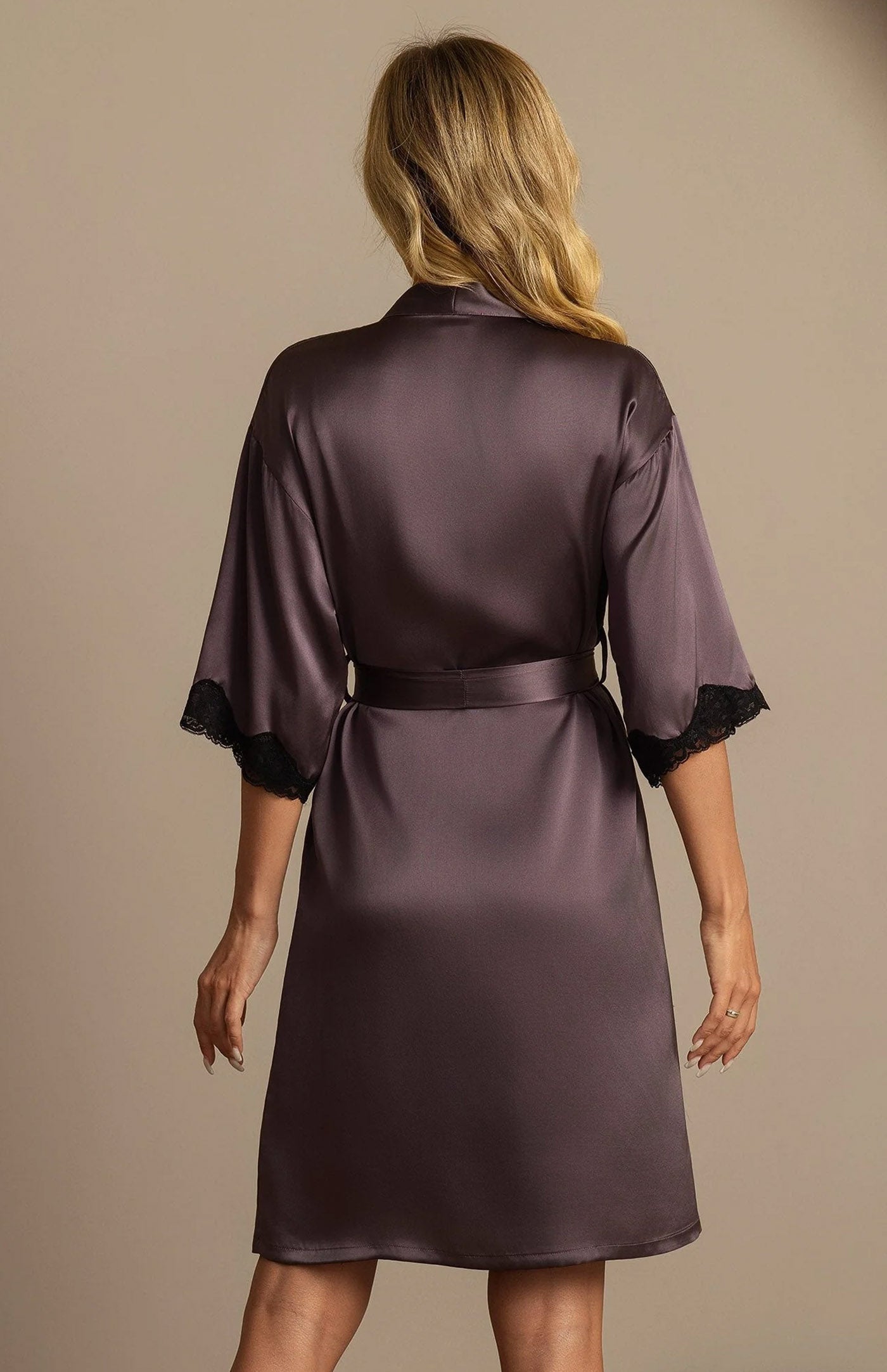 Plum Charcoal Opulence | Silk-Touch Contrast Lace-Cuffed Short Satin Robe