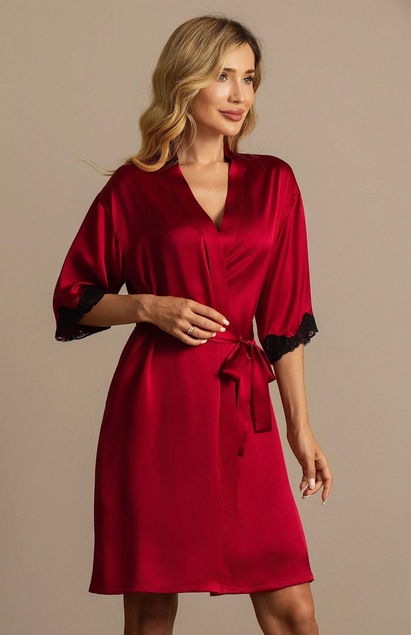 Crimson Opulence | Silk-Touch Contrast Lace-Cuffed Short Satin Robe