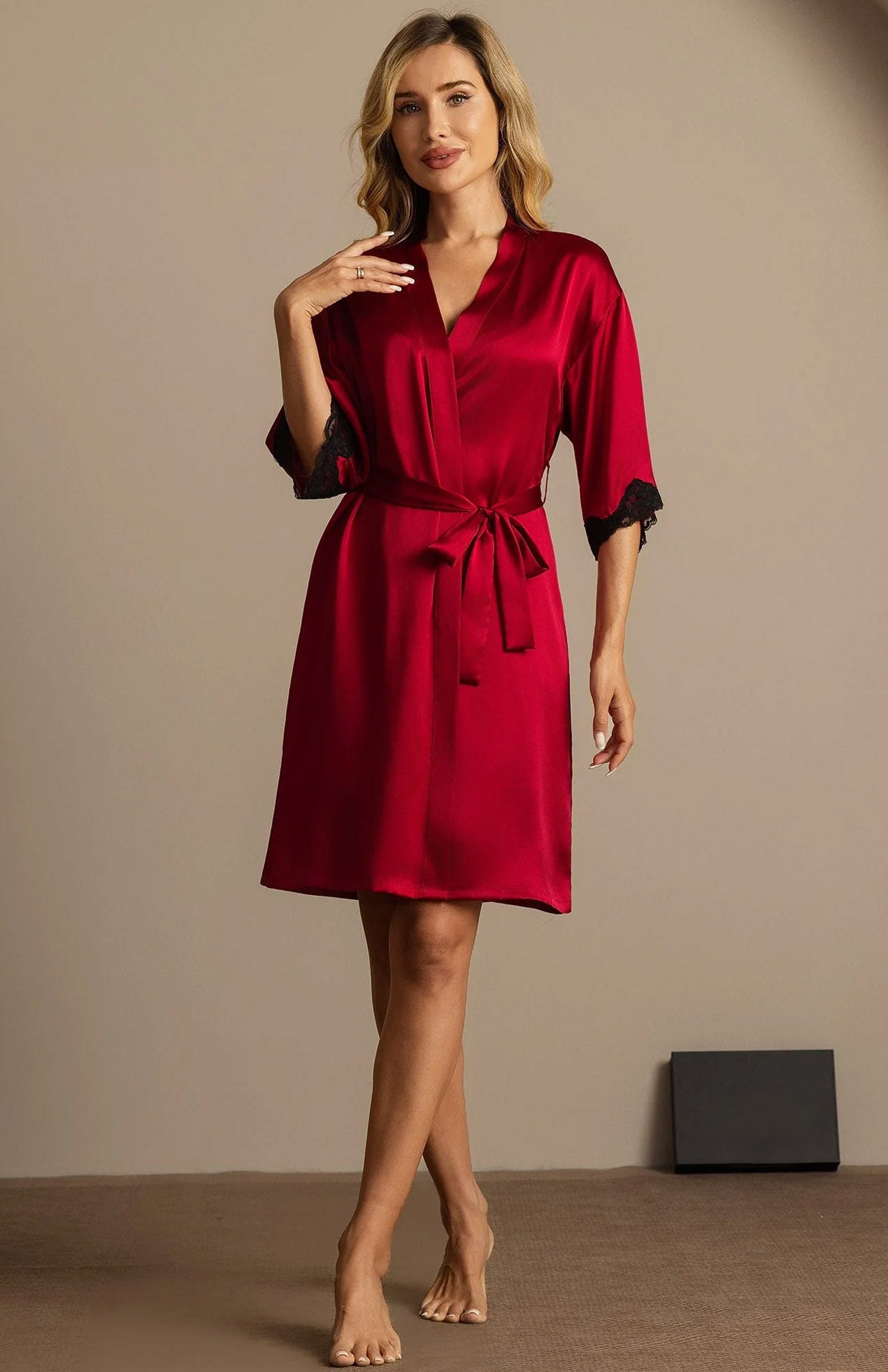 Crimson Opulence | Silk-Touch Contrast Lace-Cuffed Short Satin Robe