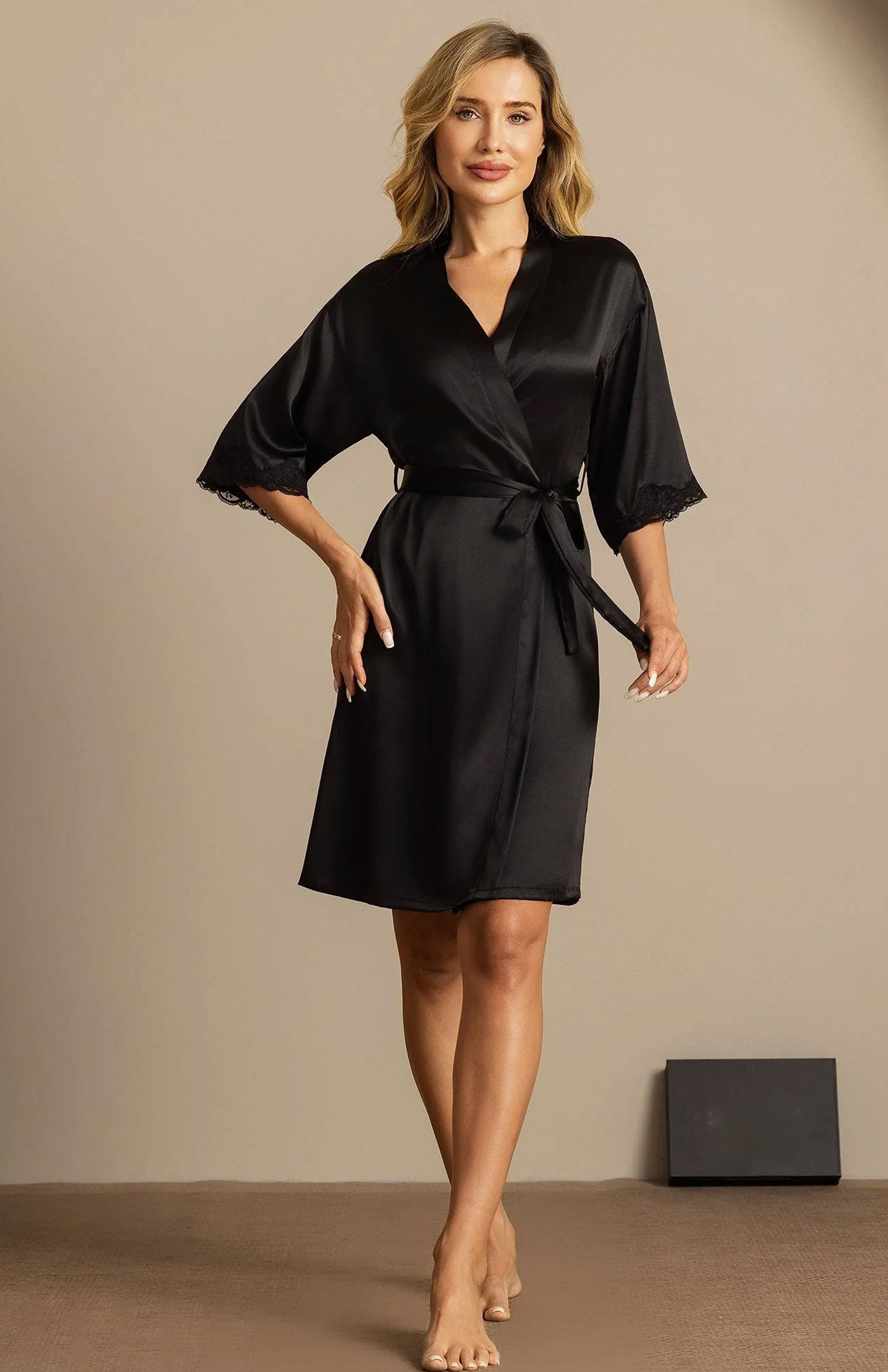 Noir Opulence | Silk-Touch Lace-Cuffed Short Satin Robe