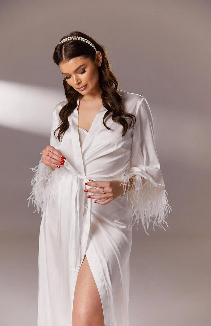 White Feather Trim Satin Robe | Luxury Bridal & Designer For Women