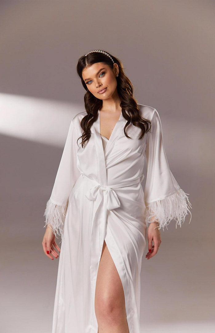 White Feather Trim Satin Robe | Luxury Bridal & Designer For Women