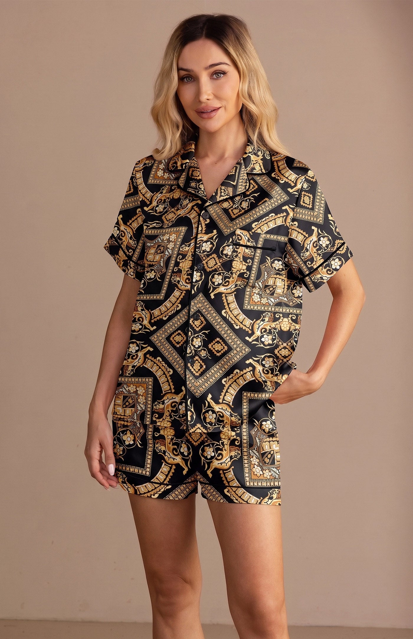 Baroque Opulence | Luxury Printed Satin Shorts Set