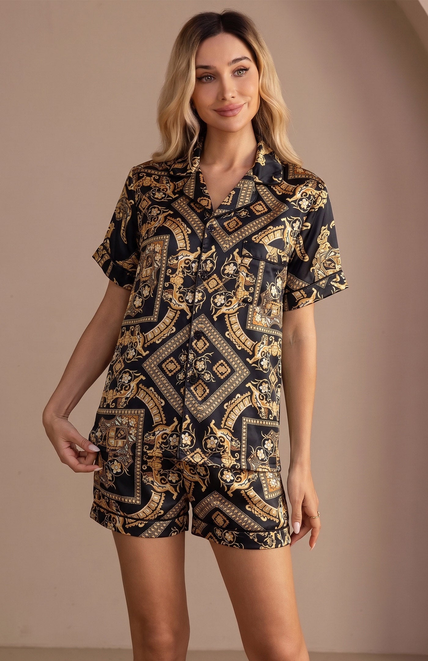 Baroque Opulence | Luxury Printed Satin Shorts Set