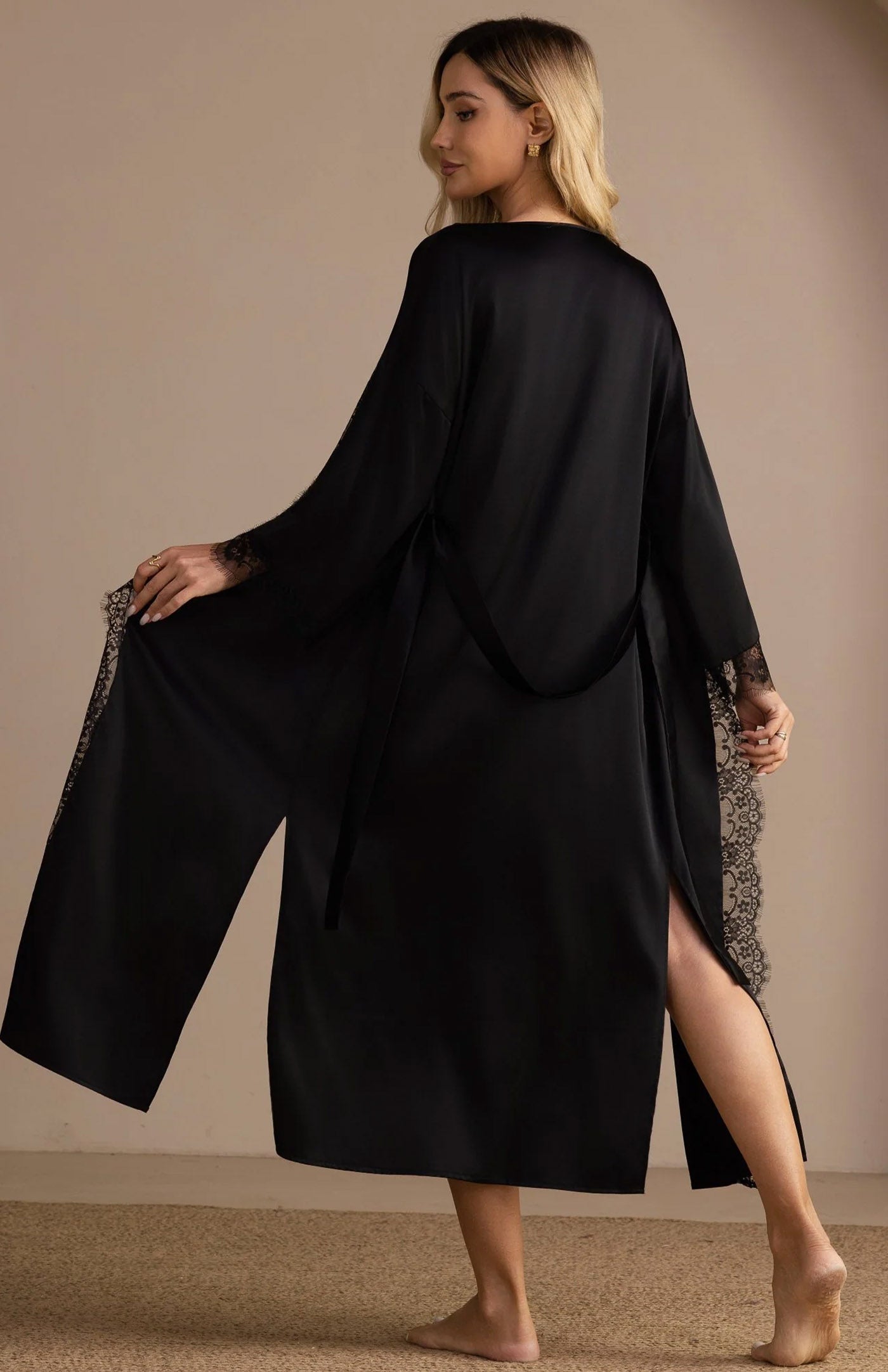 Noir Majesty | Luxury Satin Lace Trim Long Robe