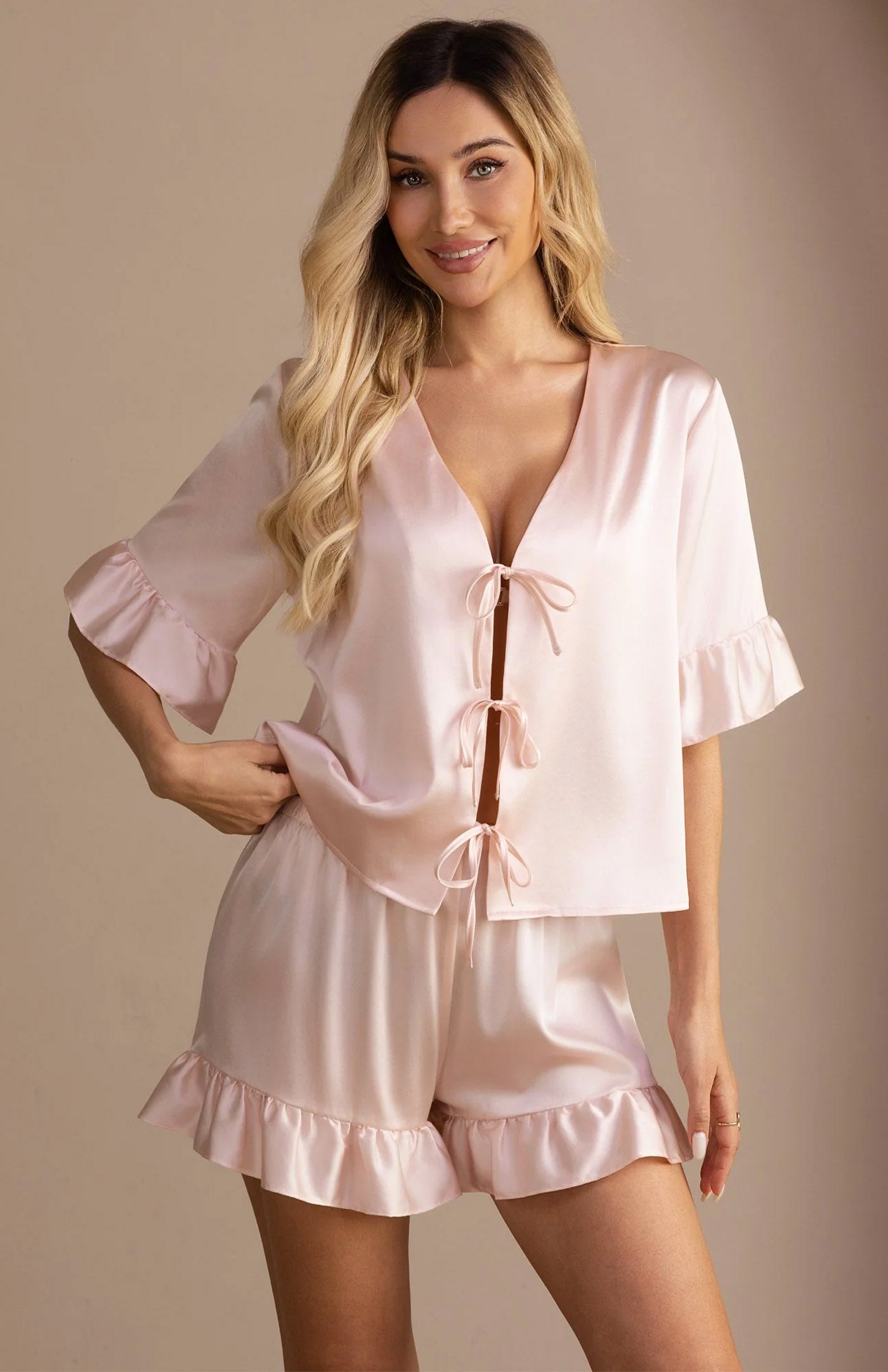 Blush Romance | Satin Tie-Front Ruffle & Shorts Set