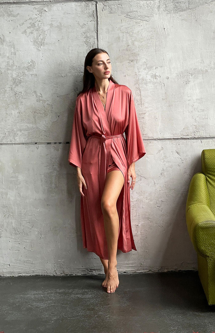Coral Casa | Coral Pink Satin Camisole & Shorts Set 4XL / Set + Robe Coral Casa | Coral Pink Satin Camisole & Shorts Set 4XL / Set + Robe