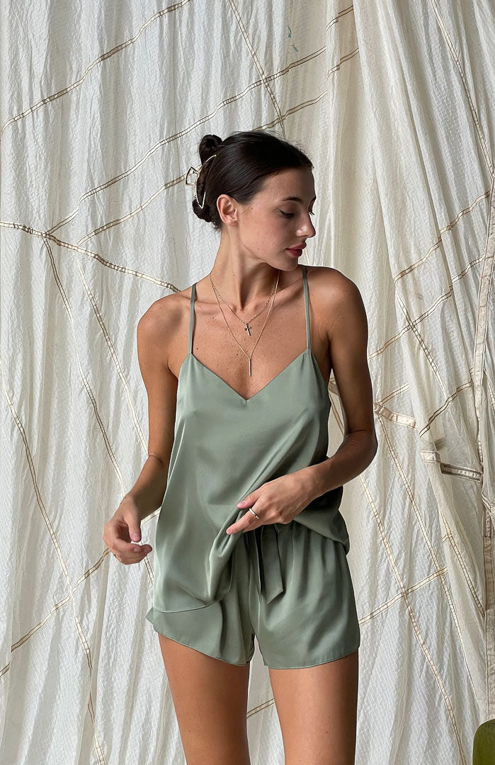 Macha Babe | Green Satin Camisole & Shorts Set