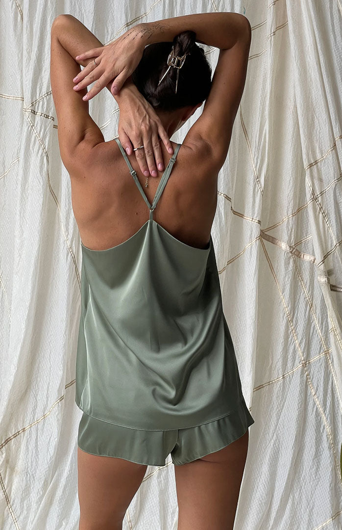 Macha Babe | Green Satin Camisole & Shorts Set