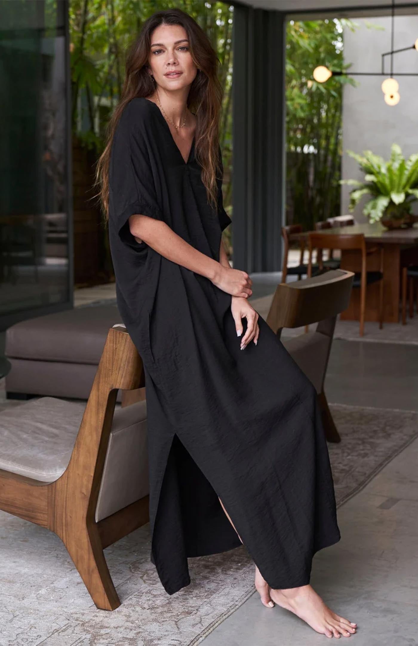 Noir Essence | Long Black Cotton Kaftan Dress for Women