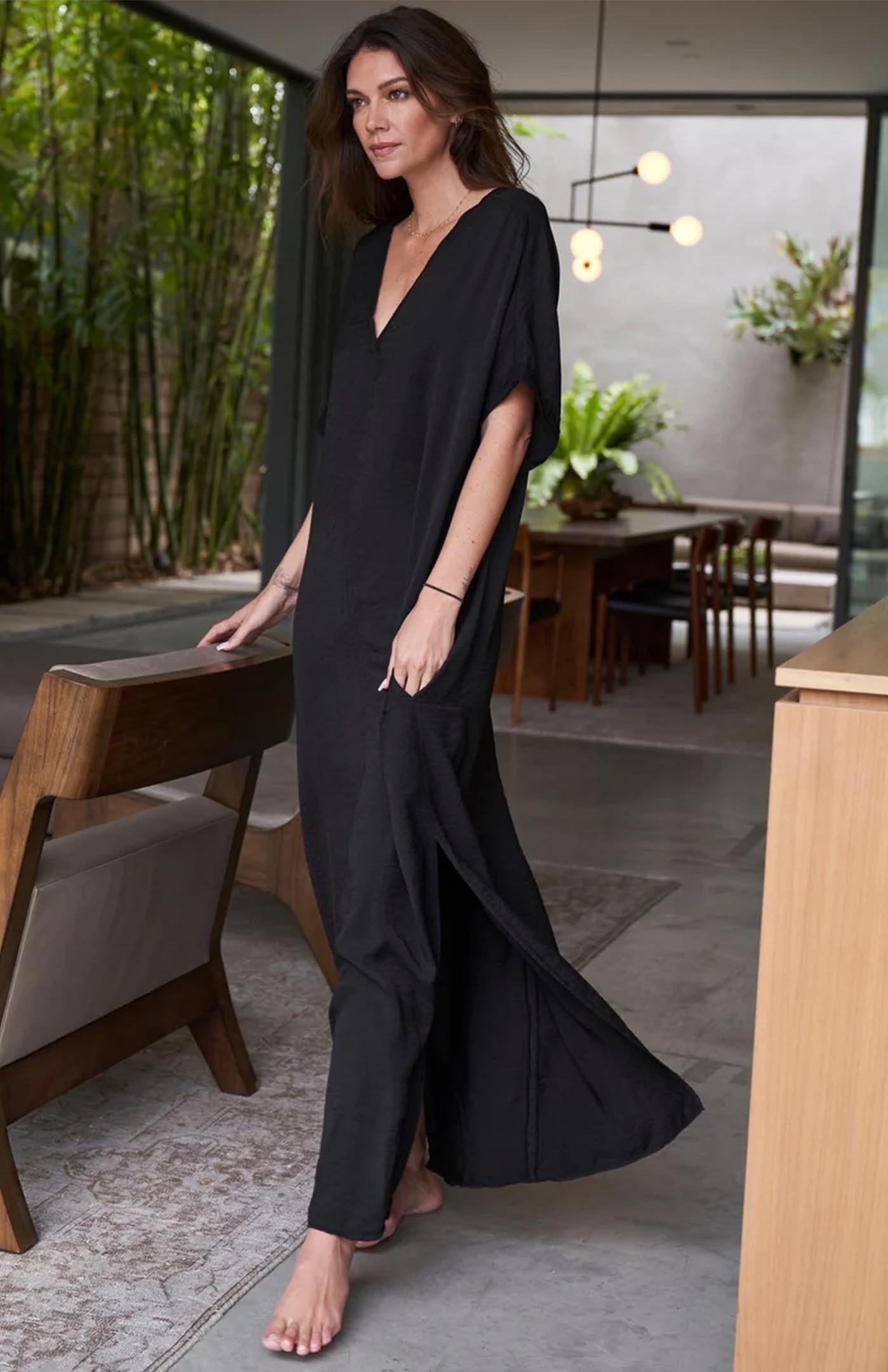 Noir Essence | Long Black Cotton Kaftan Dress for Women
