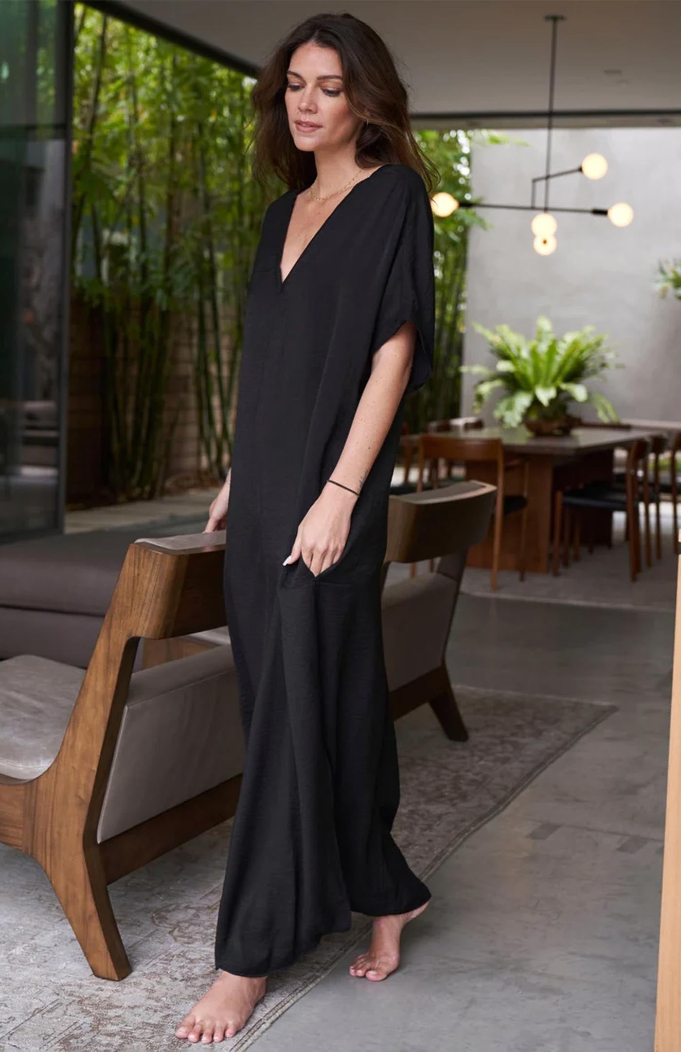 Noir Essence | Long Black Cotton Kaftan Dress for Women