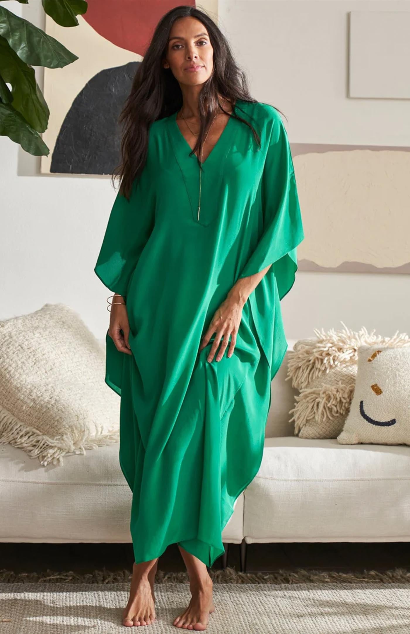 Emerald Flow | Women's Long Green Cotton Kaftan Dress
