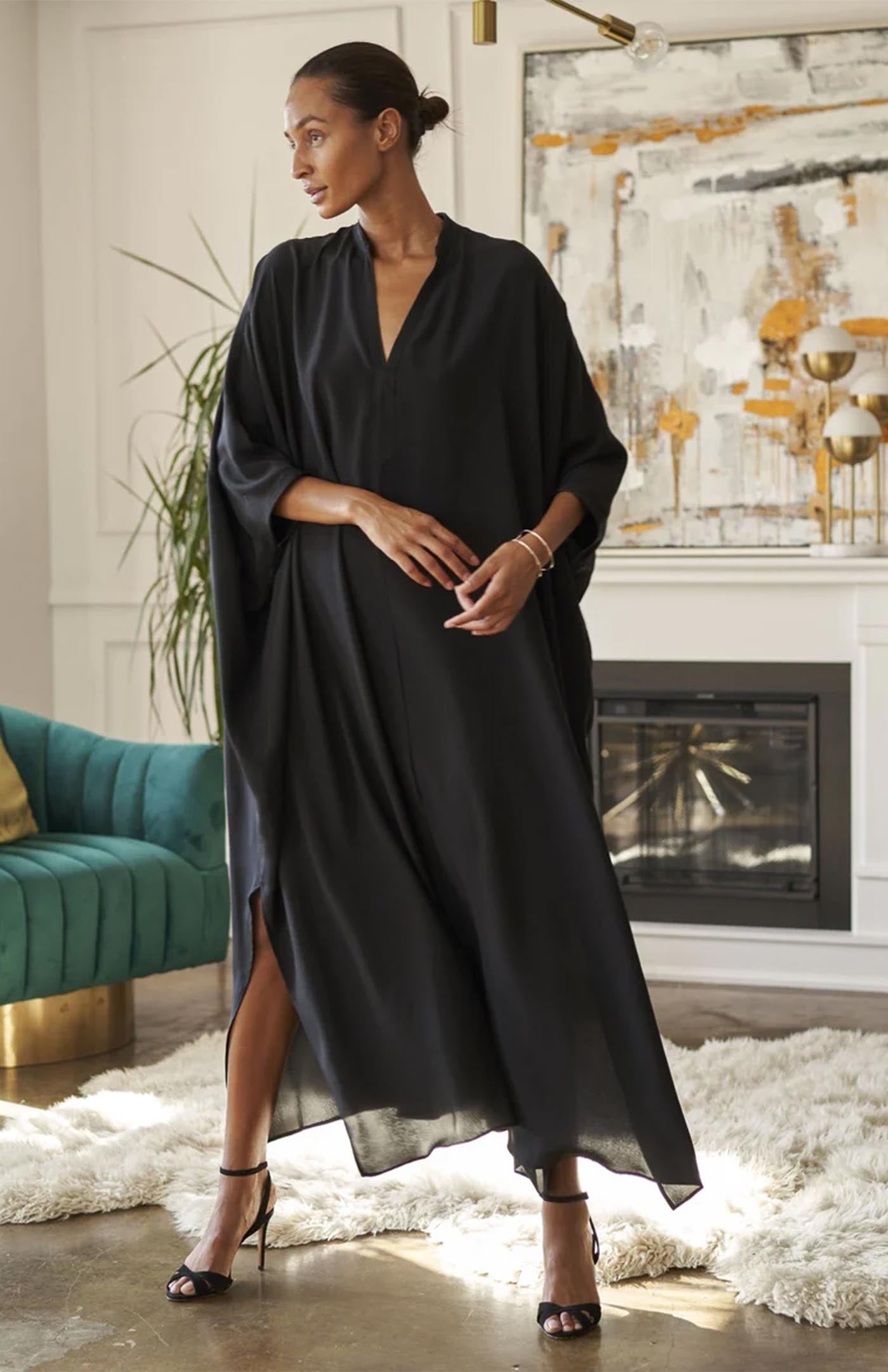 Midnight Drape | Black V-Neck Flowy Cotton Kaftan Dress for Women