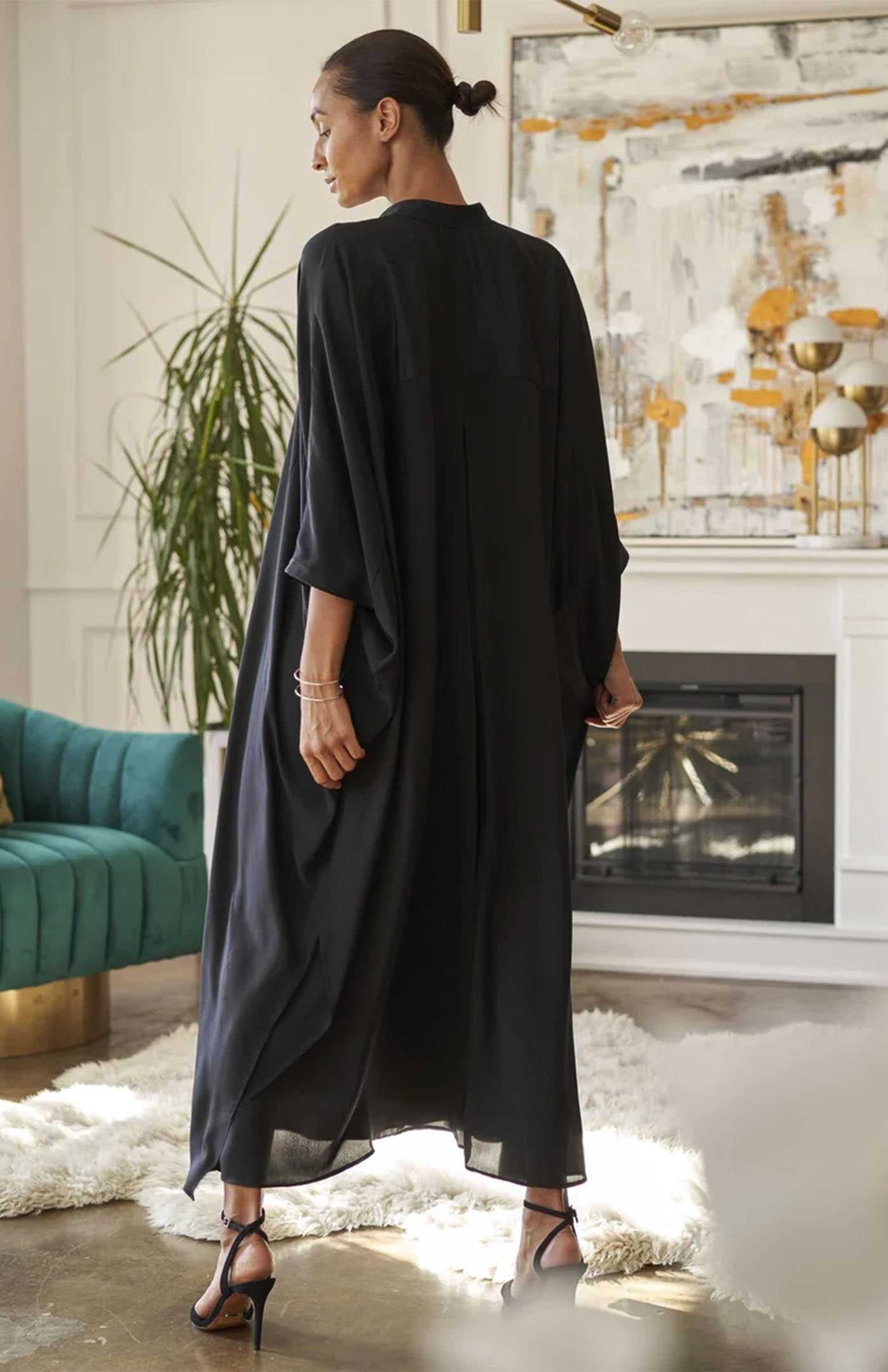 Midnight Drape | Black V-Neck Flowy Cotton Kaftan Dress for Women