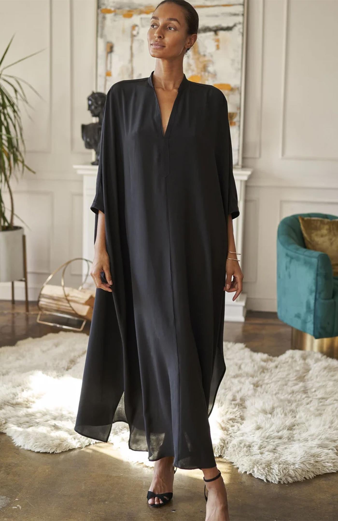 Midnight Drape | Black V-Neck Flowy Cotton Kaftan Dress for Women
