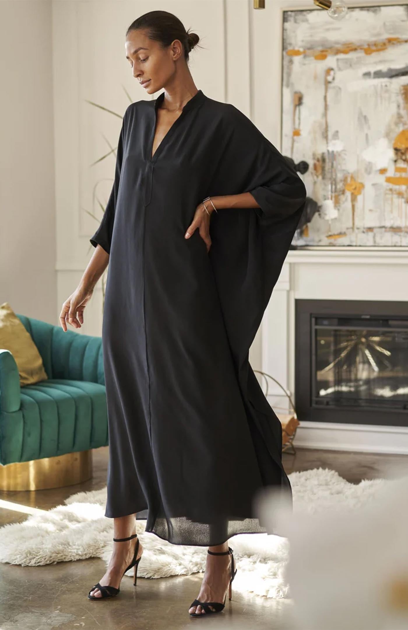 Midnight Drape | Black V-Neck Flowy Cotton Kaftan Dress for Women