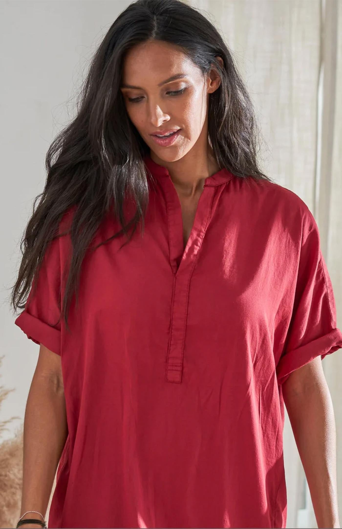 Scarlet Glow | Long Red Cotton Shirt for Women