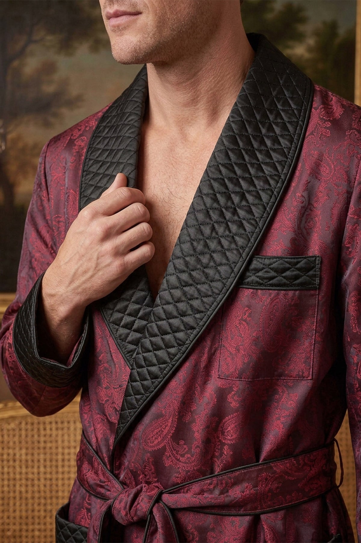 The Bordeaux Chancellor | Wine & Black Paisley Jacquard Quilted Robe for Men