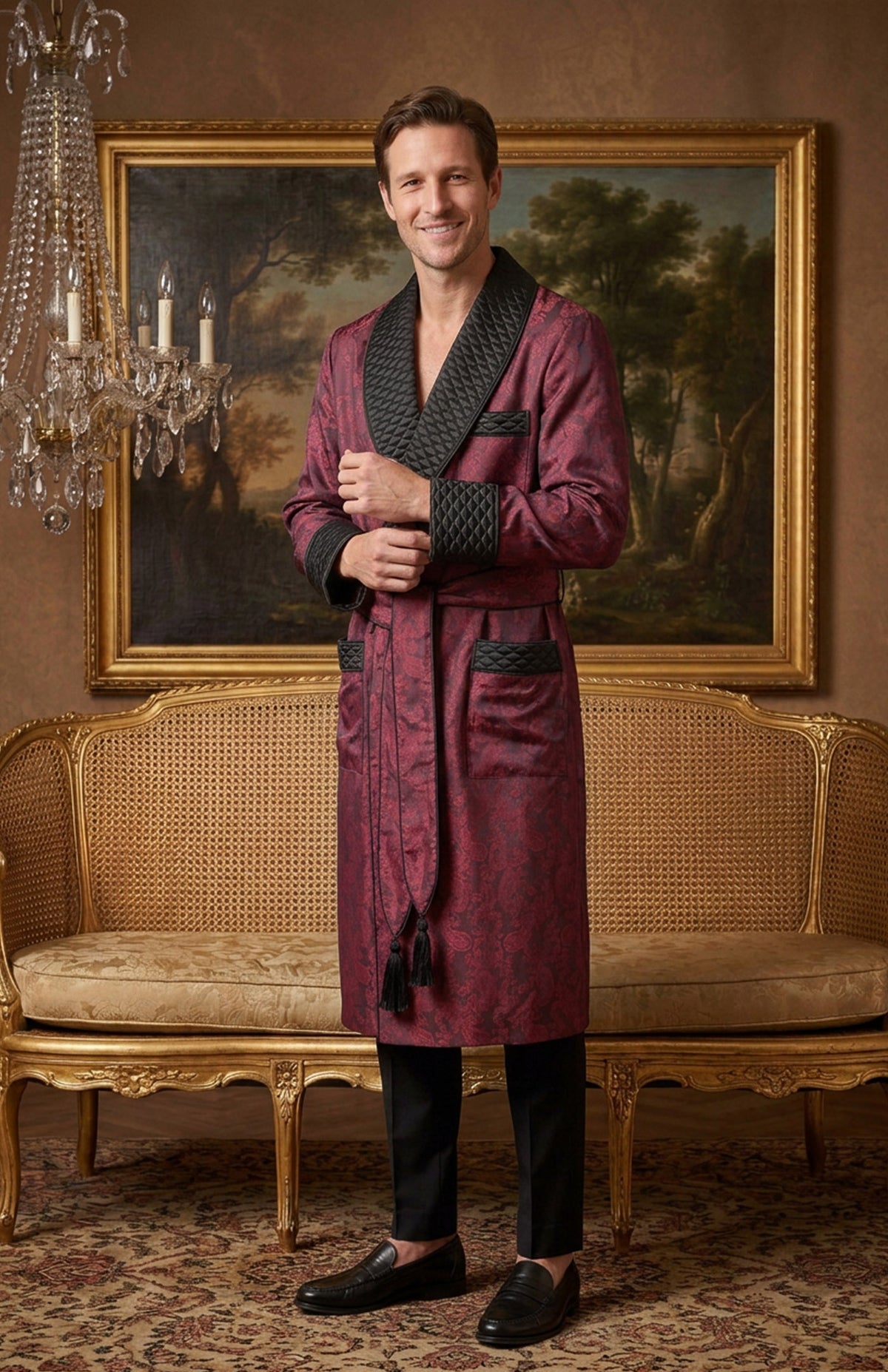 The Bordeaux Chancellor | Wine & Black Paisley Jacquard Quilted Robe for Men