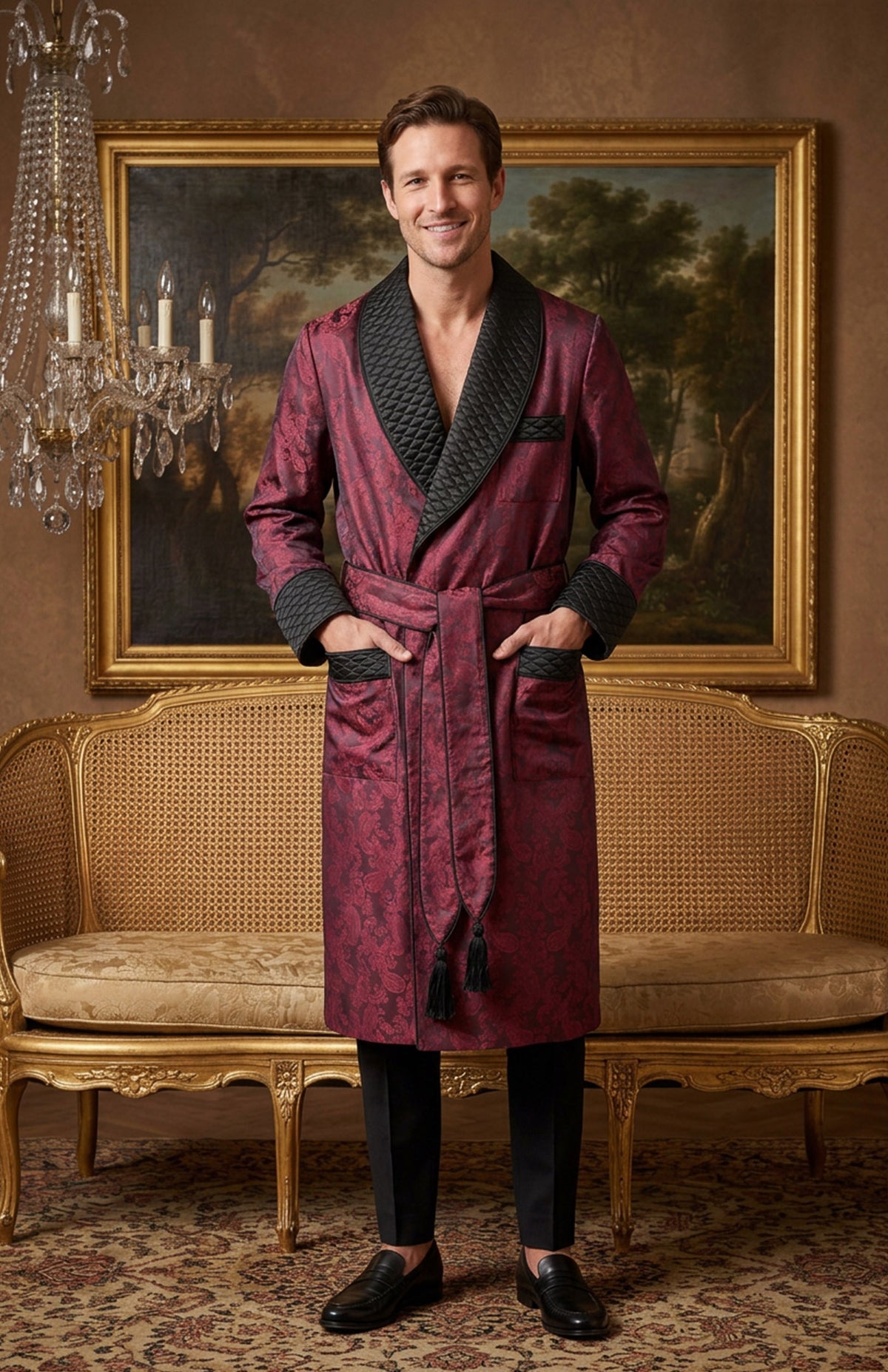 The Bordeaux Chancellor | Wine & Black Paisley Jacquard Quilted Robe for Men