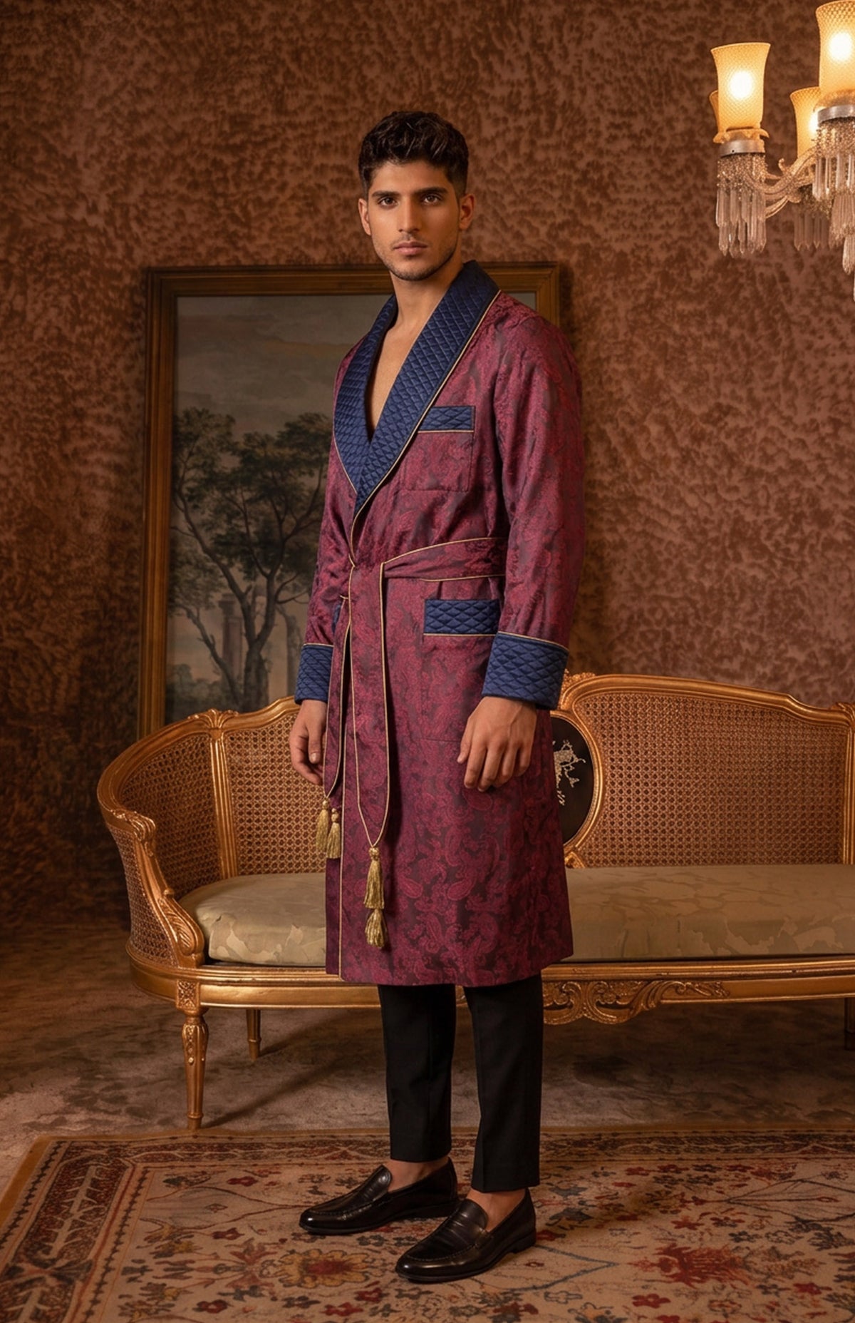 The Claret Viscount | Wine & Navy Paisley Jacquard Quilted Robe for Men