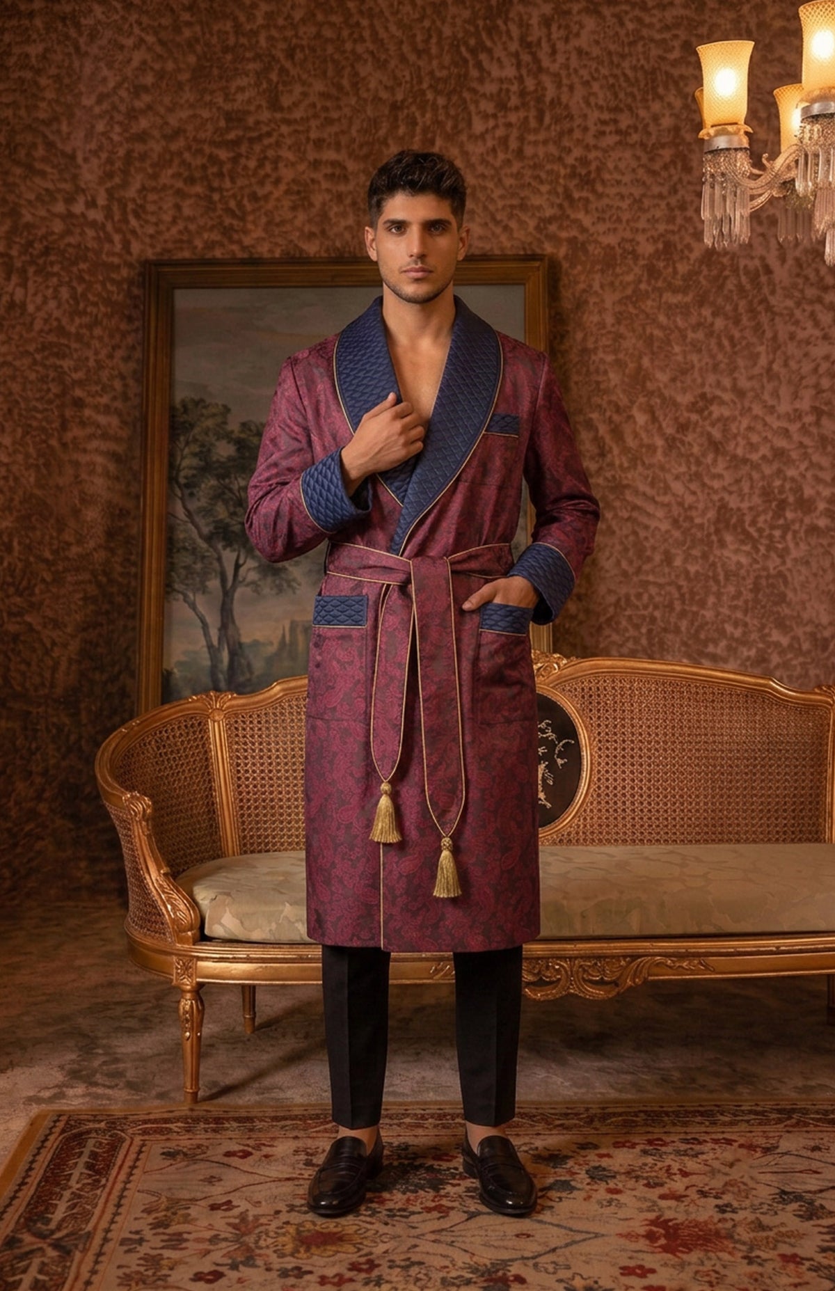 The Claret Viscount | Wine & Navy Paisley Jacquard Quilted Robe for Men
