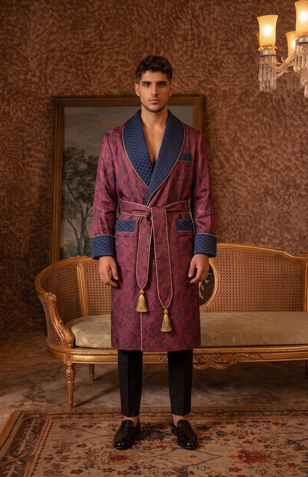 The Claret Viscount | Wine & Navy Paisley Jacquard Quilted Robe for Men
