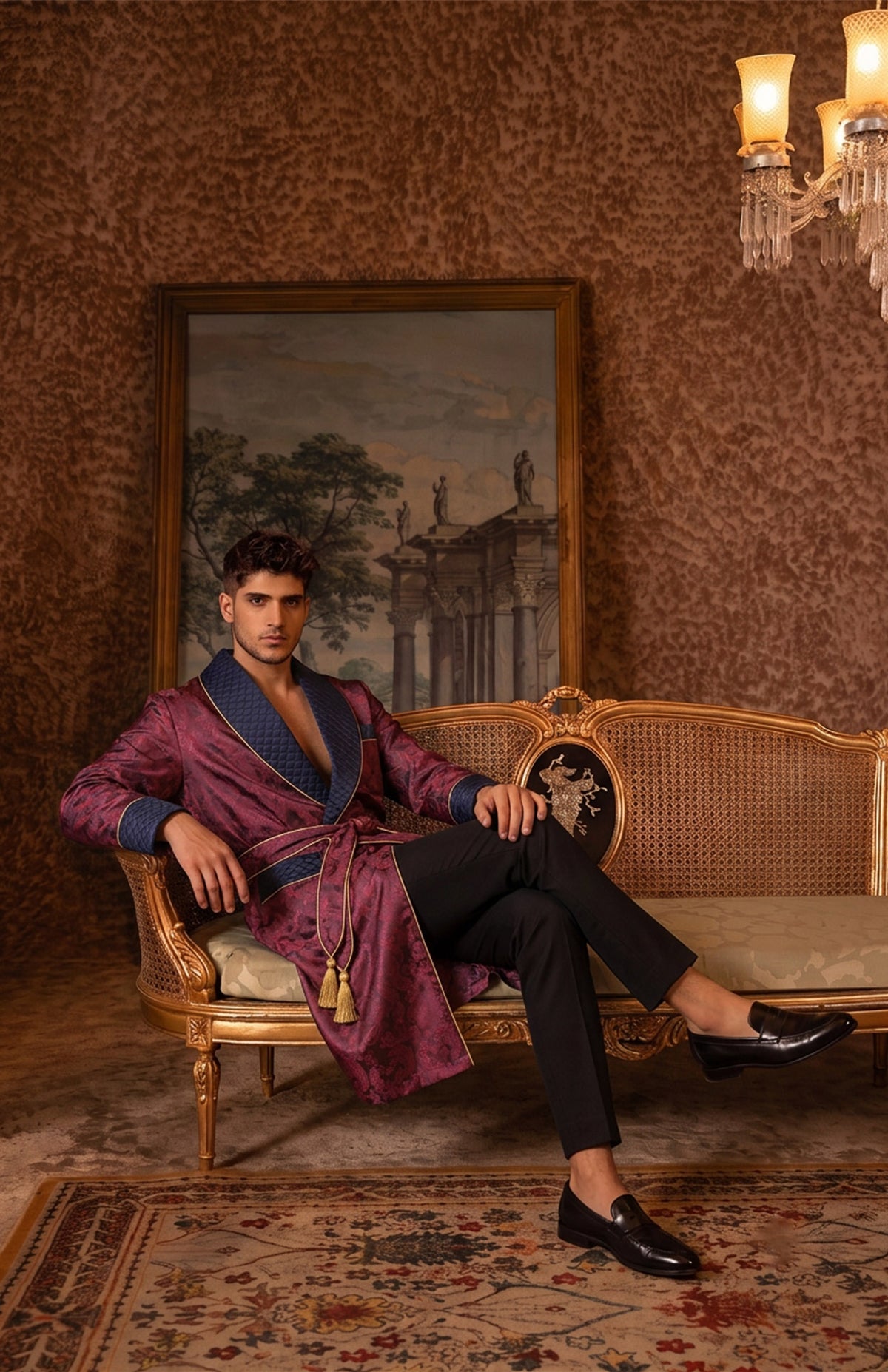 The Claret Viscount | Wine & Navy Paisley Jacquard Quilted Robe for Men