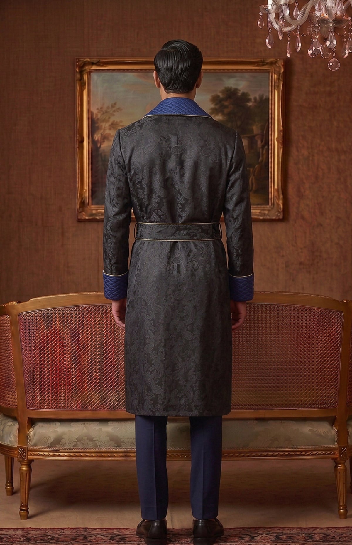 The Cobalt Regent | Black & Blue Paisley Jacquard Quilted Robe for Men