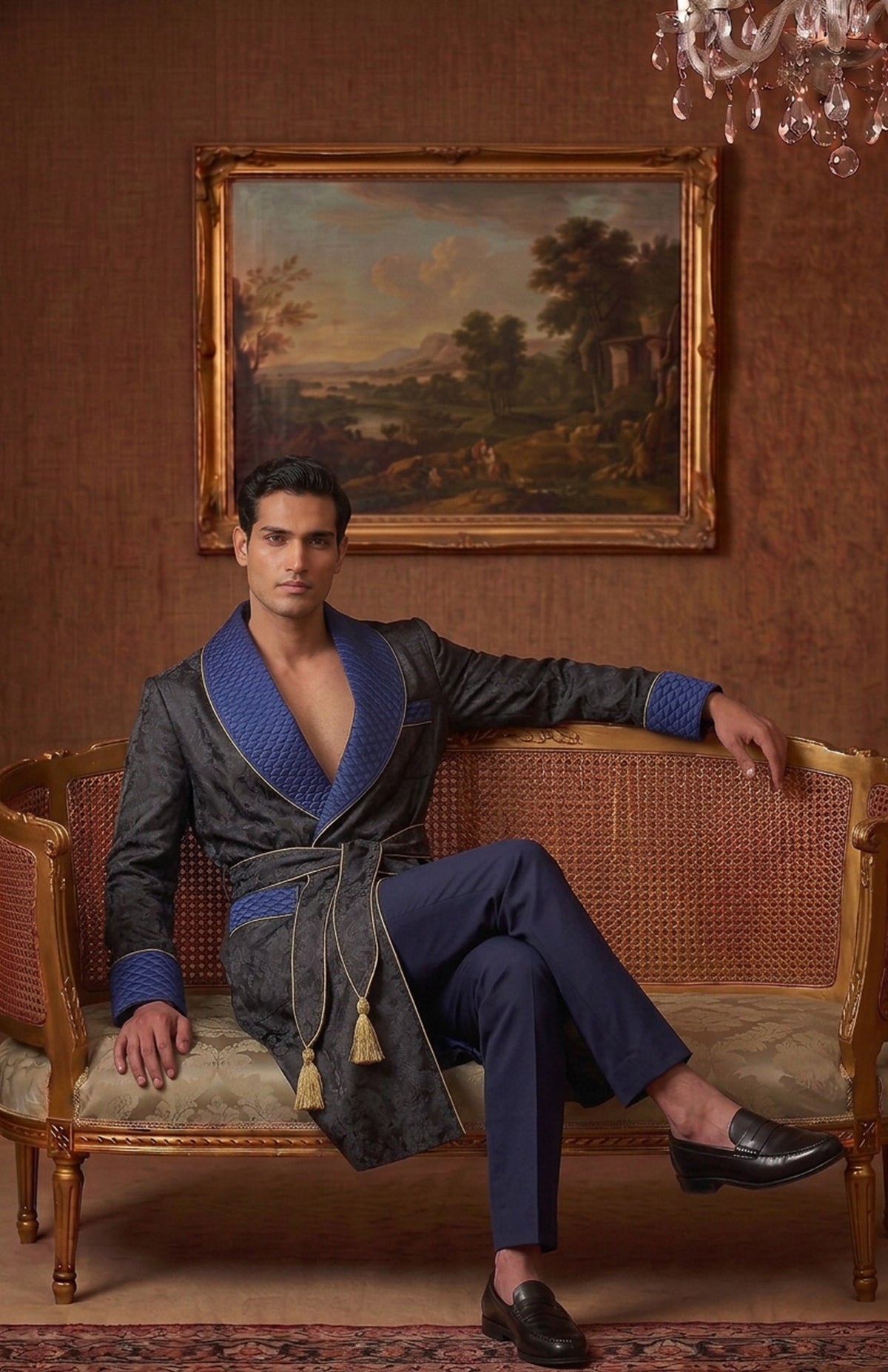 The Cobalt Regent | Black & Blue Paisley Jacquard Quilted Robe for Men