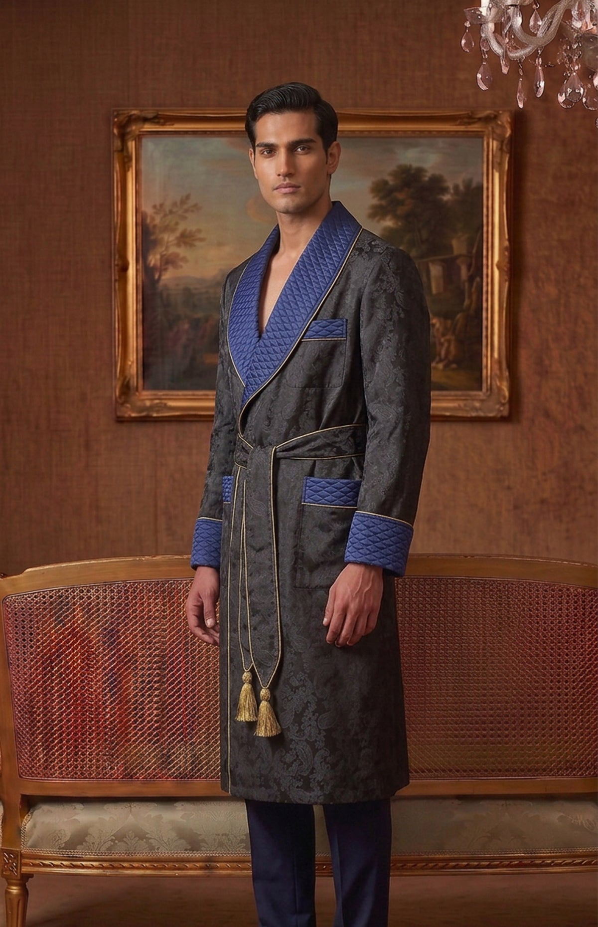 The Cobalt Regent | Black & Blue Paisley Jacquard Quilted Robe for Men