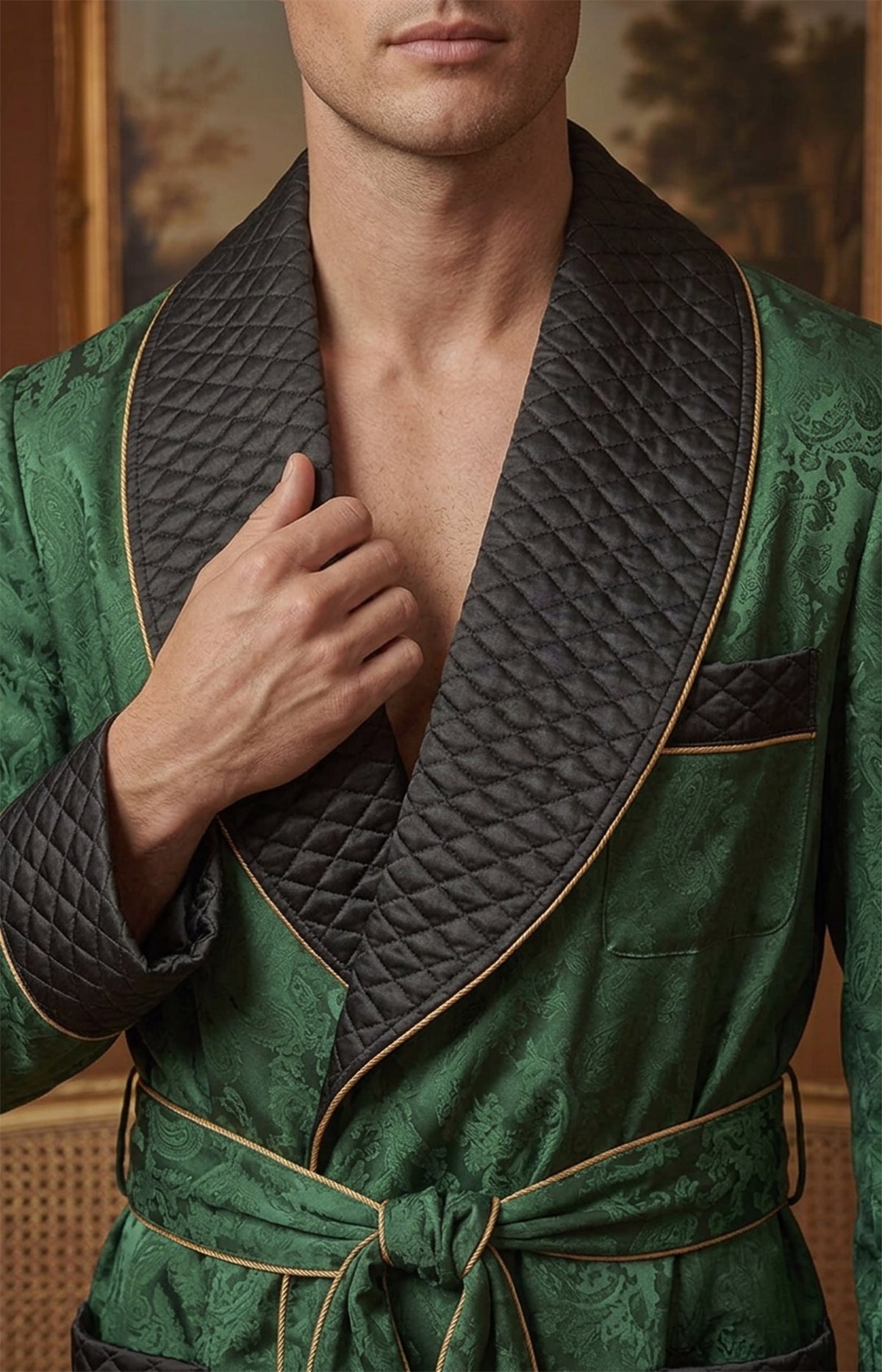 The Emerald Earl | Green & Black Paisley Jacquard Quilted Robe for Men